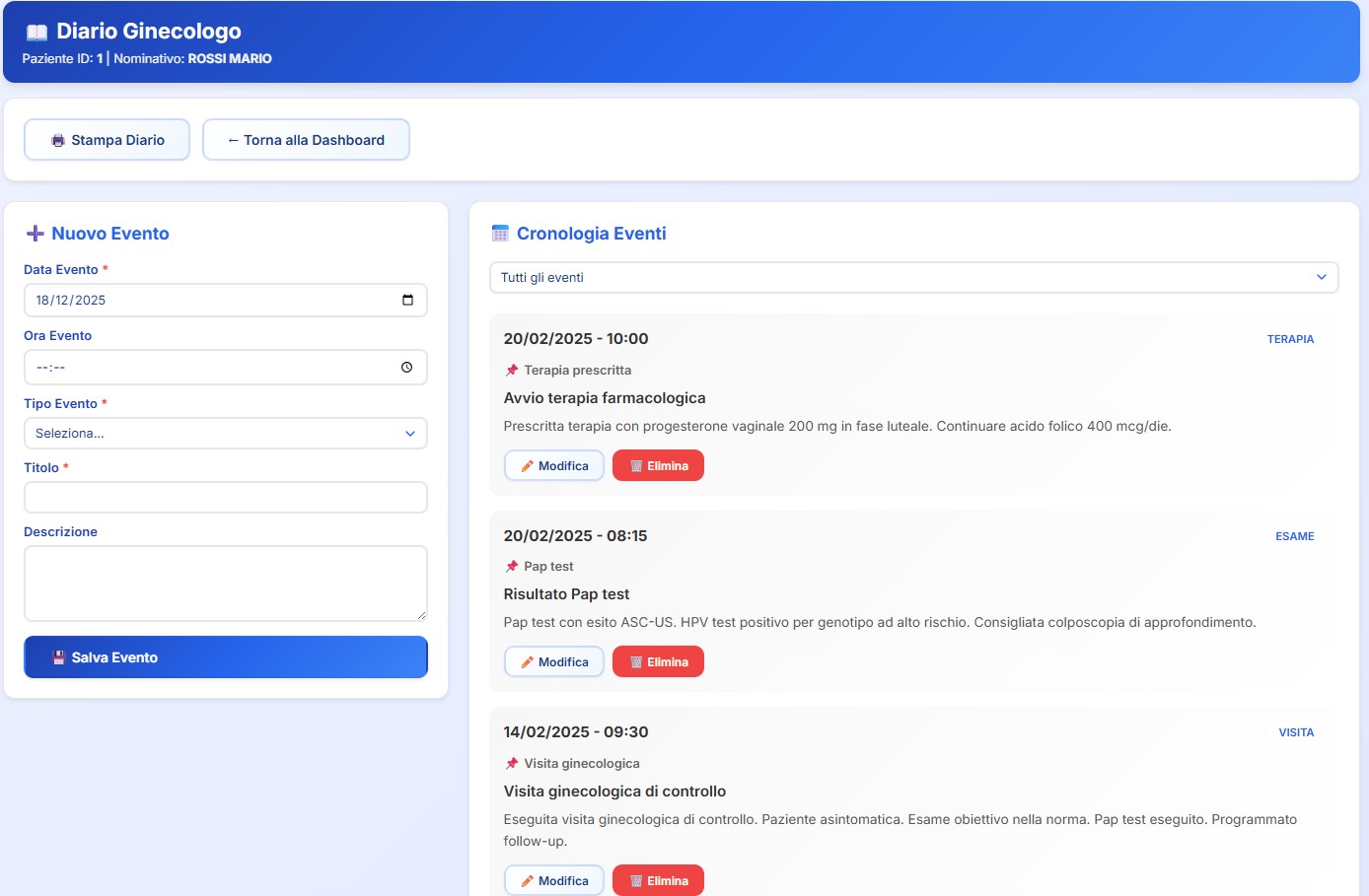 Diario clinico ginecologico con riepilogo cronologico di visite, esami, terapie ed eventi ostetrici