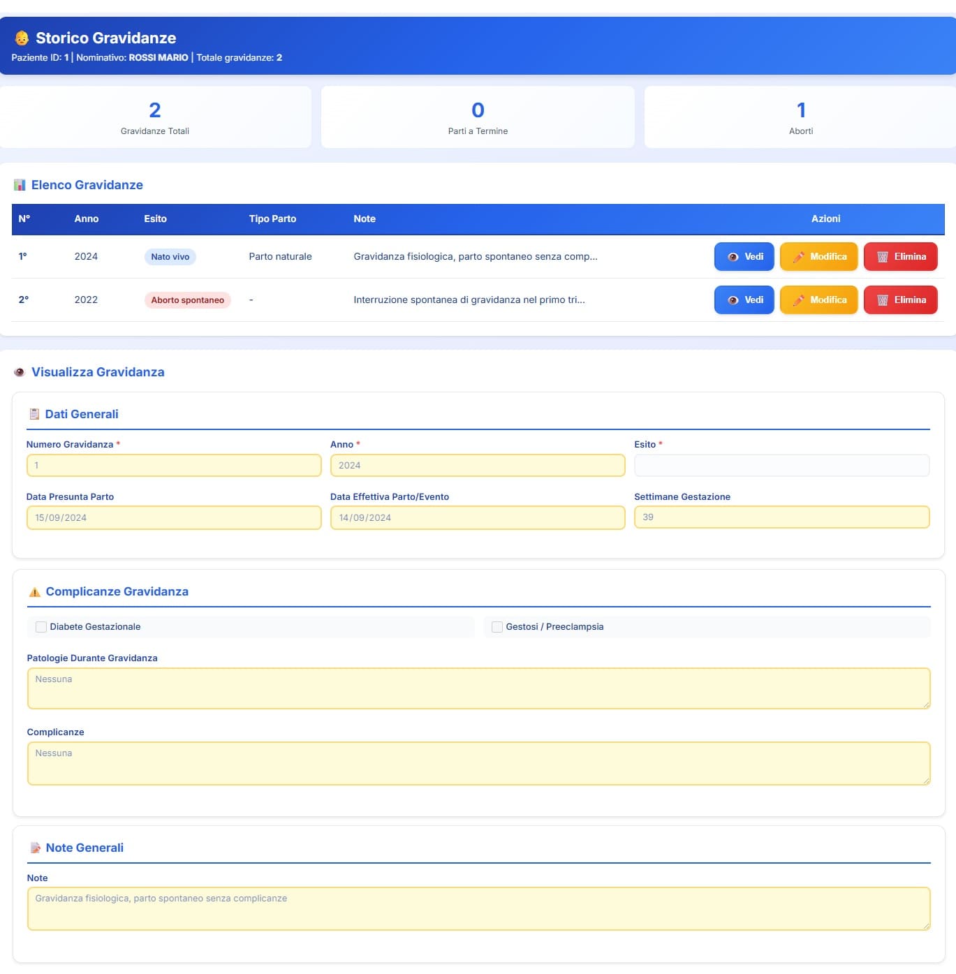 Storico gravidanze con esiti, parti a termine e aborti nella cartella clinica ginecologica