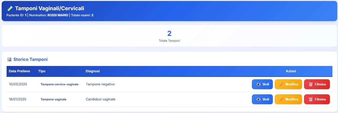 Storico tamponi vaginali e cervicali con diagnosi microbiologica e terapia