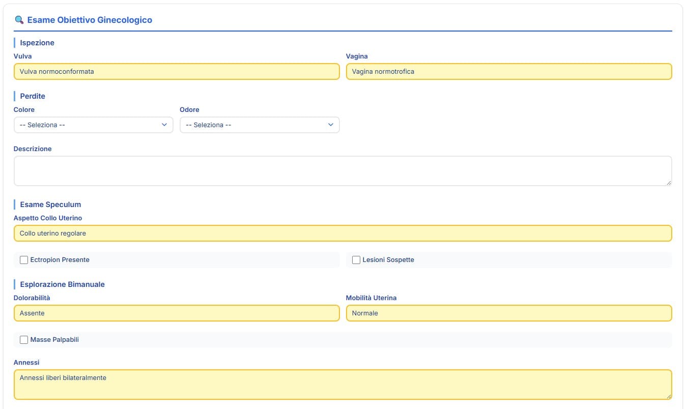 Esame obiettivo ginecologico con ispezione perdite speculum ed esplorazione bimanuale