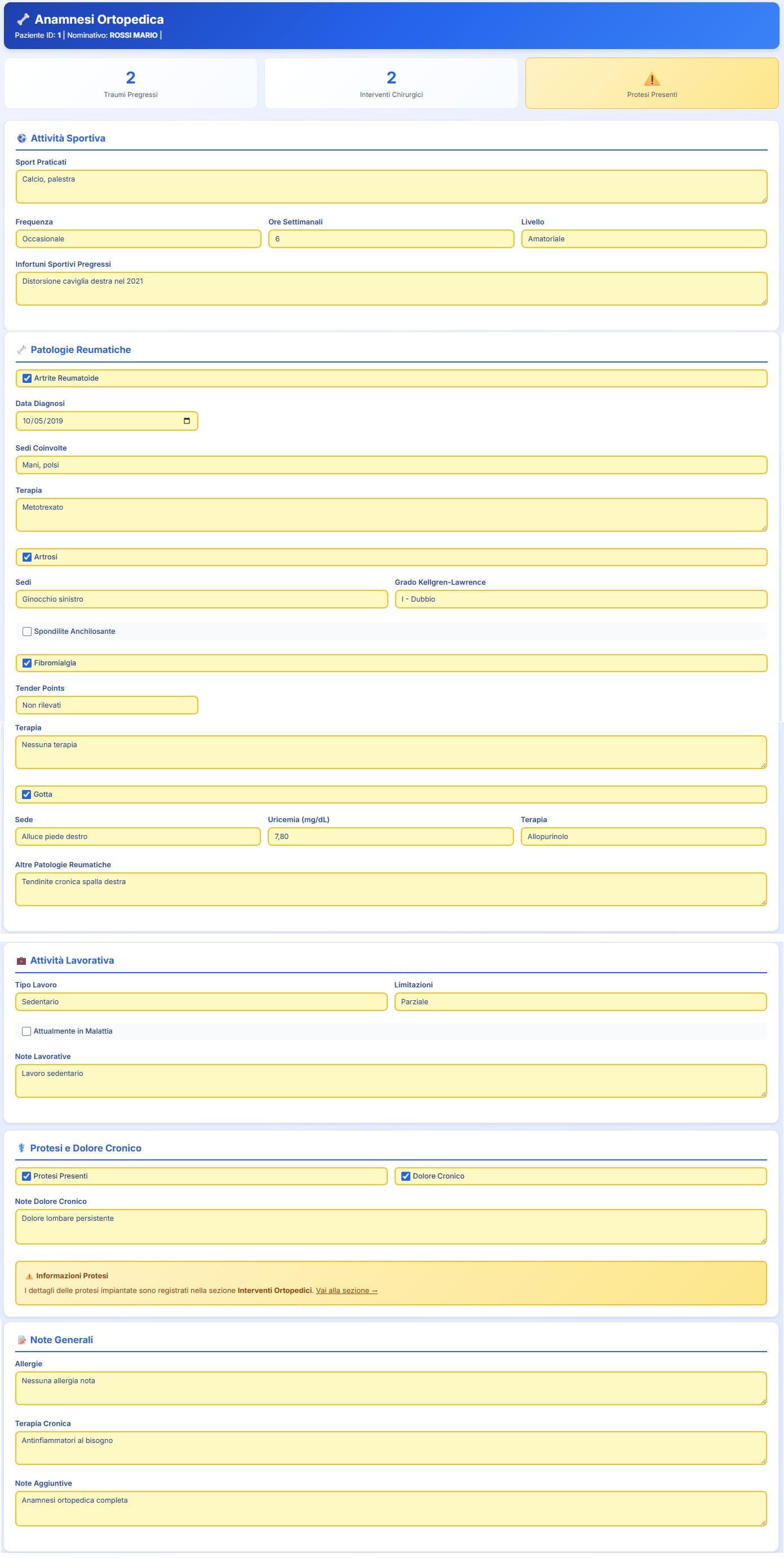Anamnesi ortopedica del paziente con dettaglio di traumi, interventi chirurgici, protesi, attività sportiva, patologie reumatiche, dolore cronico e terapie in corso