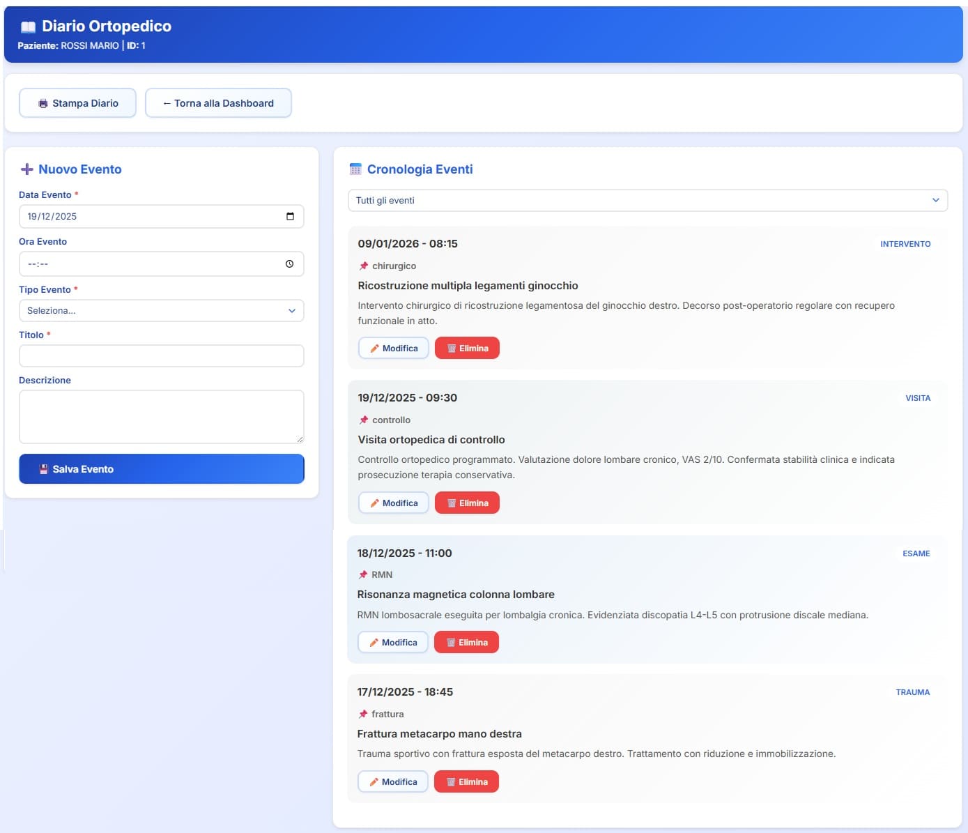 Diario clinico ortopedico con riepilogo cronologico di visite, esami e terapie