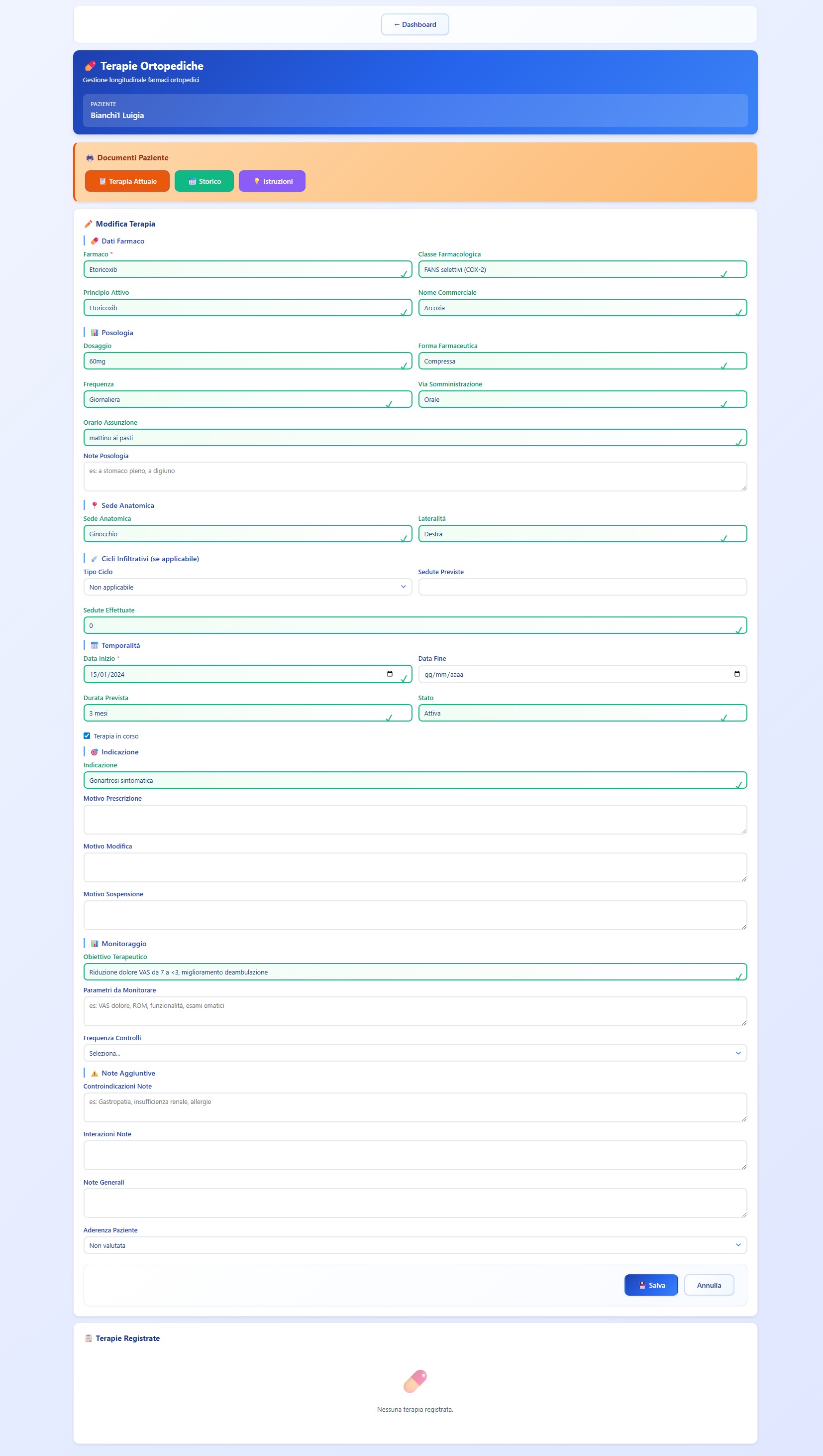 Interfaccia di gestione della terapia ortopedica con dati del farmaco, posologia, sede anatomica e monitoraggio