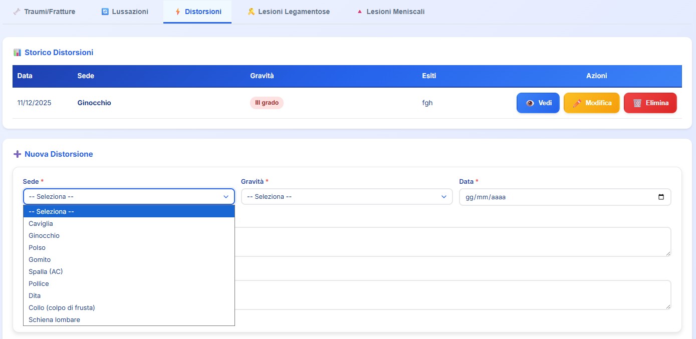 Storico distorsioni articolari del paziente