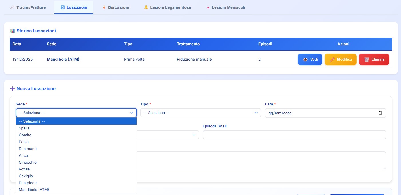Storico lussazioni articolari del paziente