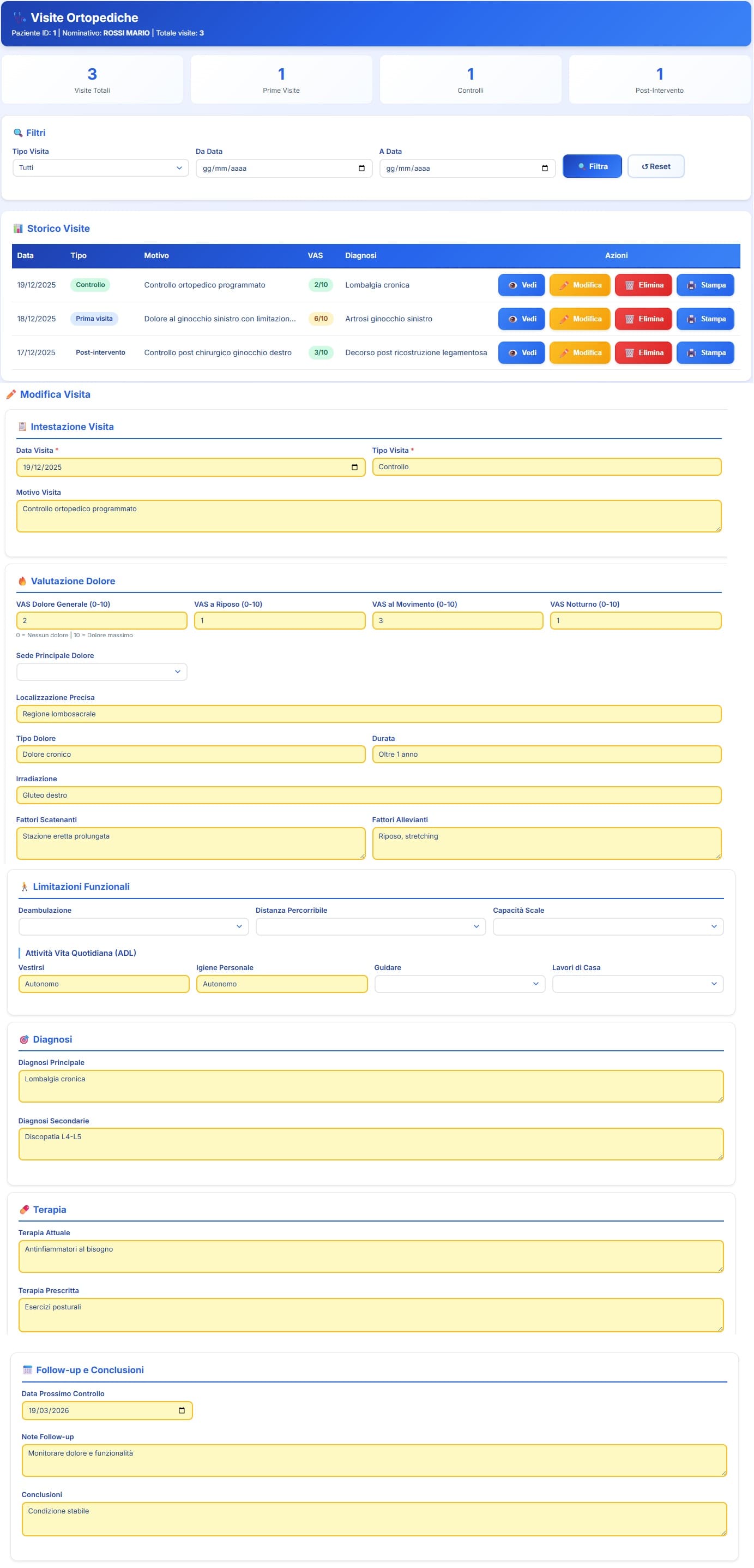 Storico visite ortopediche del paziente con riepilogo visite, filtri per tipologia e tabella cronologica dettagliata