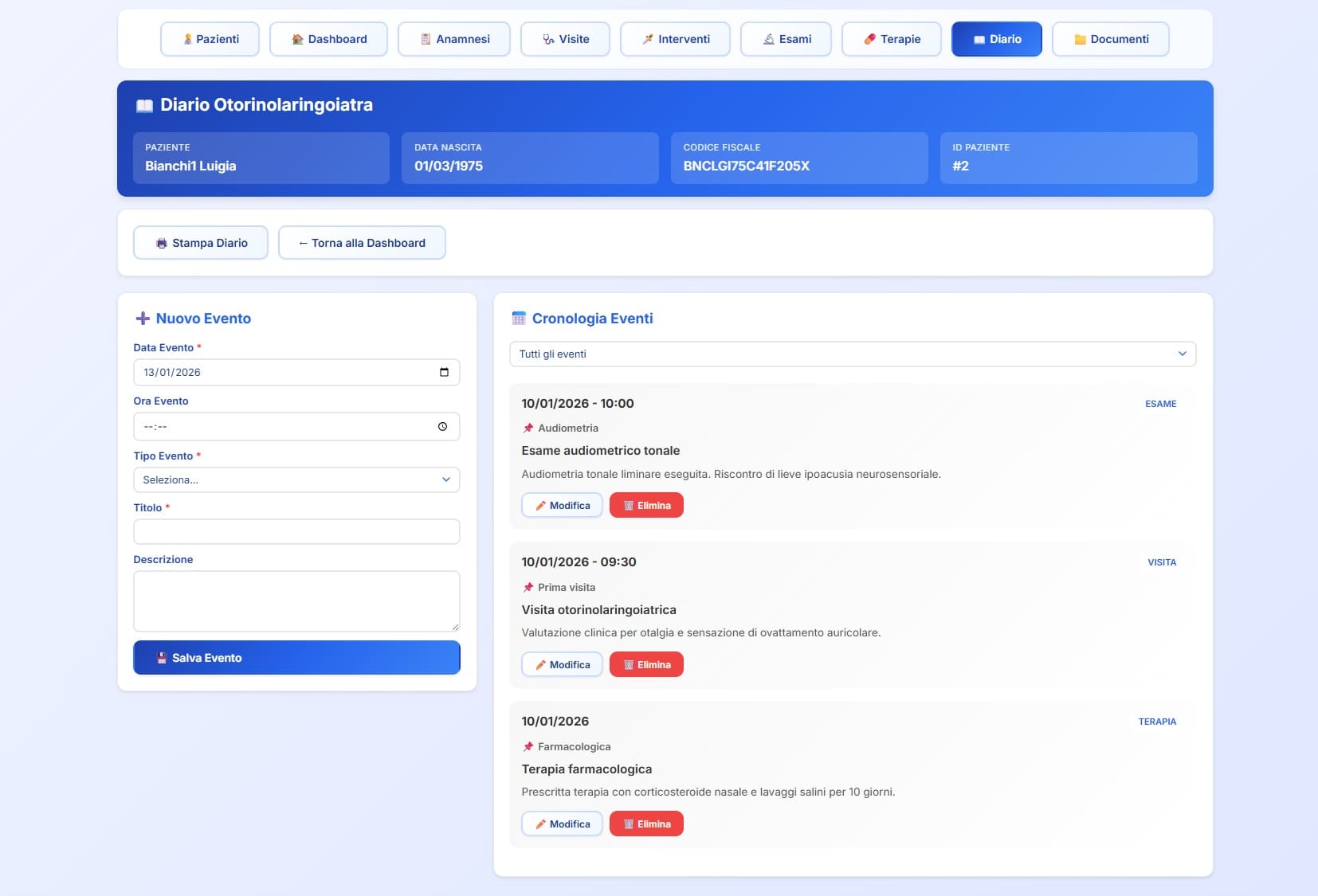 Diario otorinolaringoiatrico con dati paziente, inserimento eventi e cronologia di visite, esami e terapie