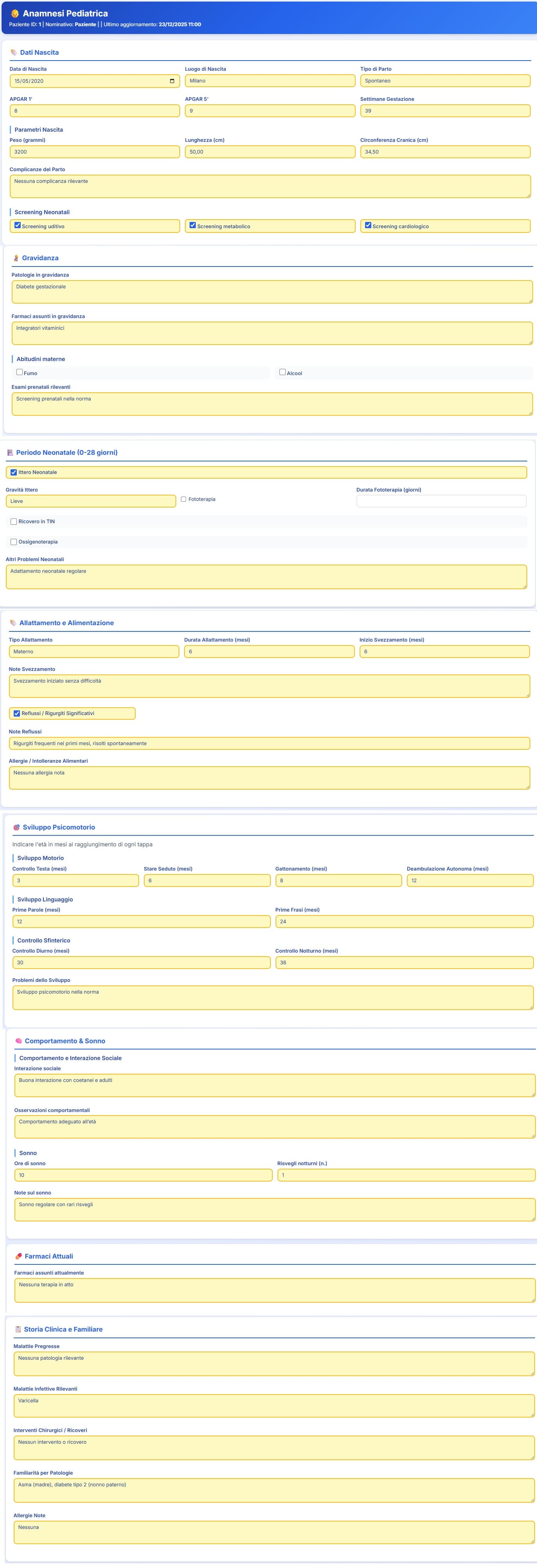 Anamnesi pediatrica completa con dati di nascita e parto, gravidanza, periodo neonatale, allattamento, sviluppo psicomotorio, linguaggio, comportamento, sonno, allergie e storia clinica del bambino