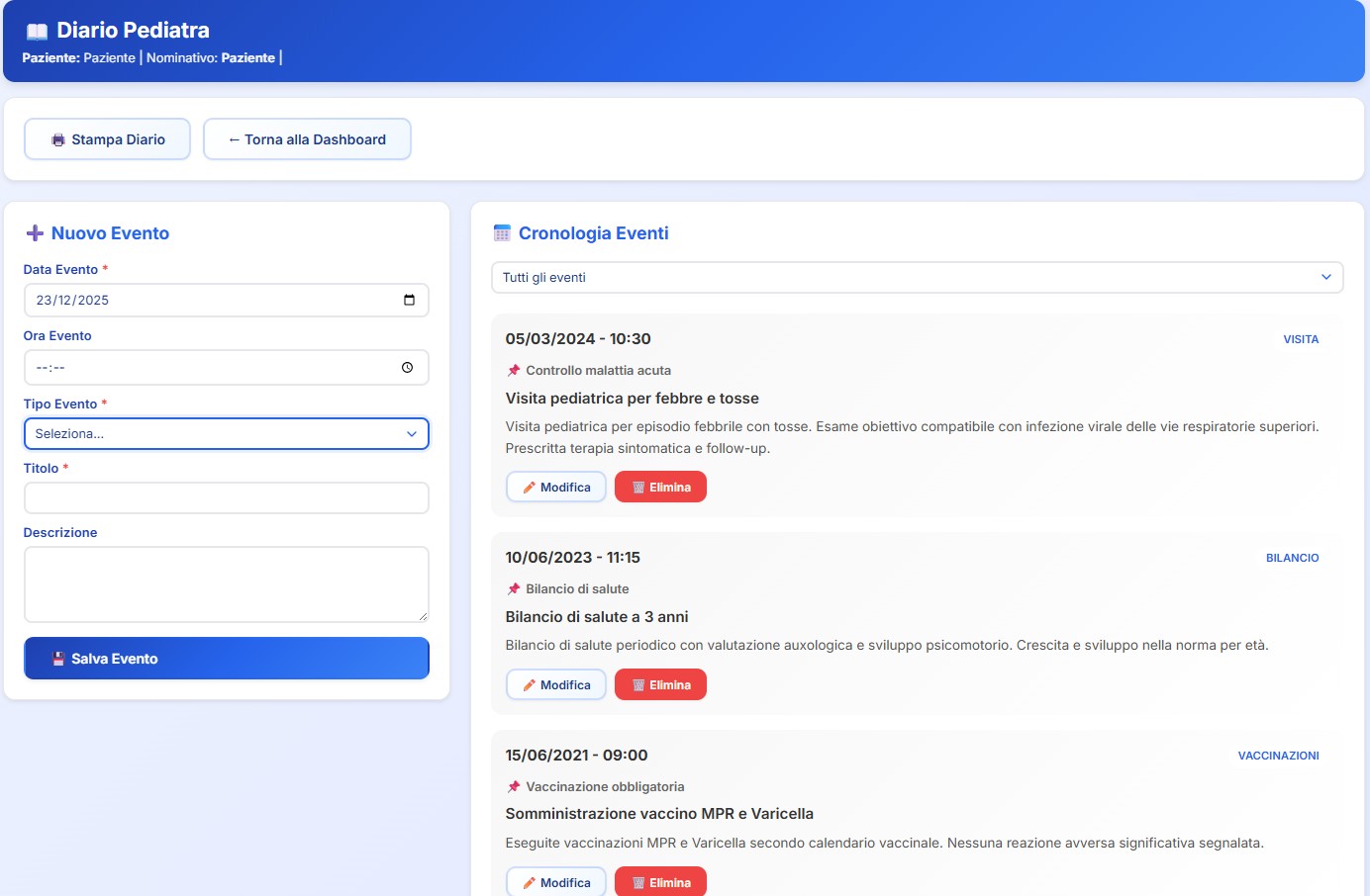Diario clinico pediatrico con riepilogo cronologico di visite, vaccinazioni, bilanci di salute, esami e contatti clinici