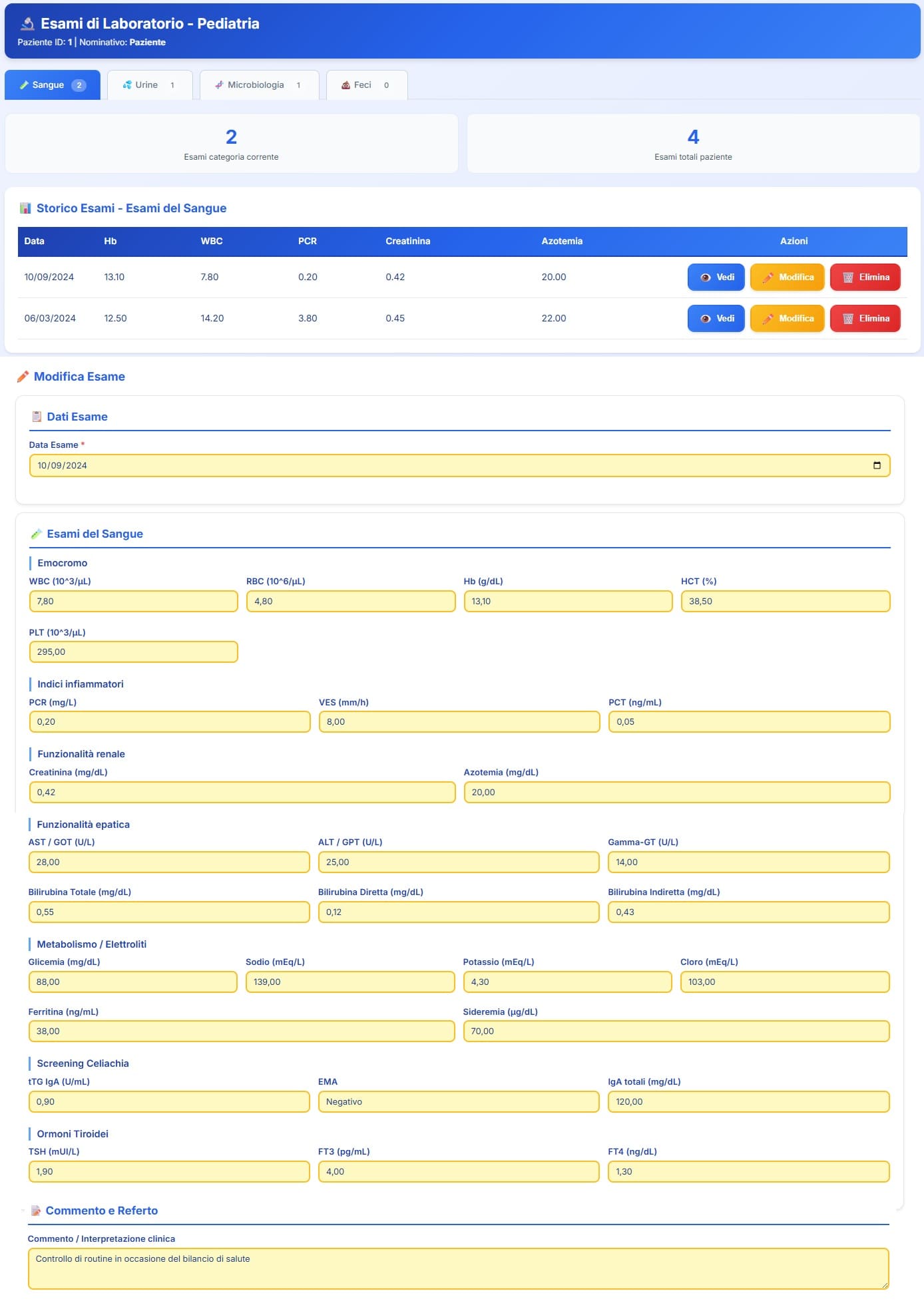 Gestione degli esami di laboratorio pediatrici con archivio per sangue, urine, microbiologia e feci, storico cronologico e inserimento guidato dei parametri clinici