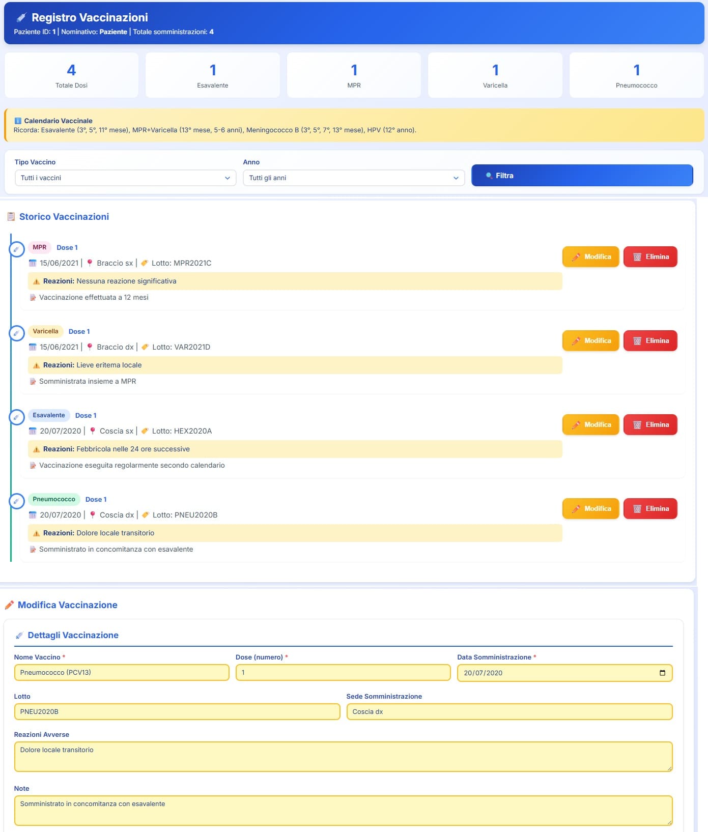 Registro vaccinazioni pediatriche con storico delle somministrazioni, date, sedi di iniezione, lotti, reazioni avverse e integrazione con calendario vaccinale