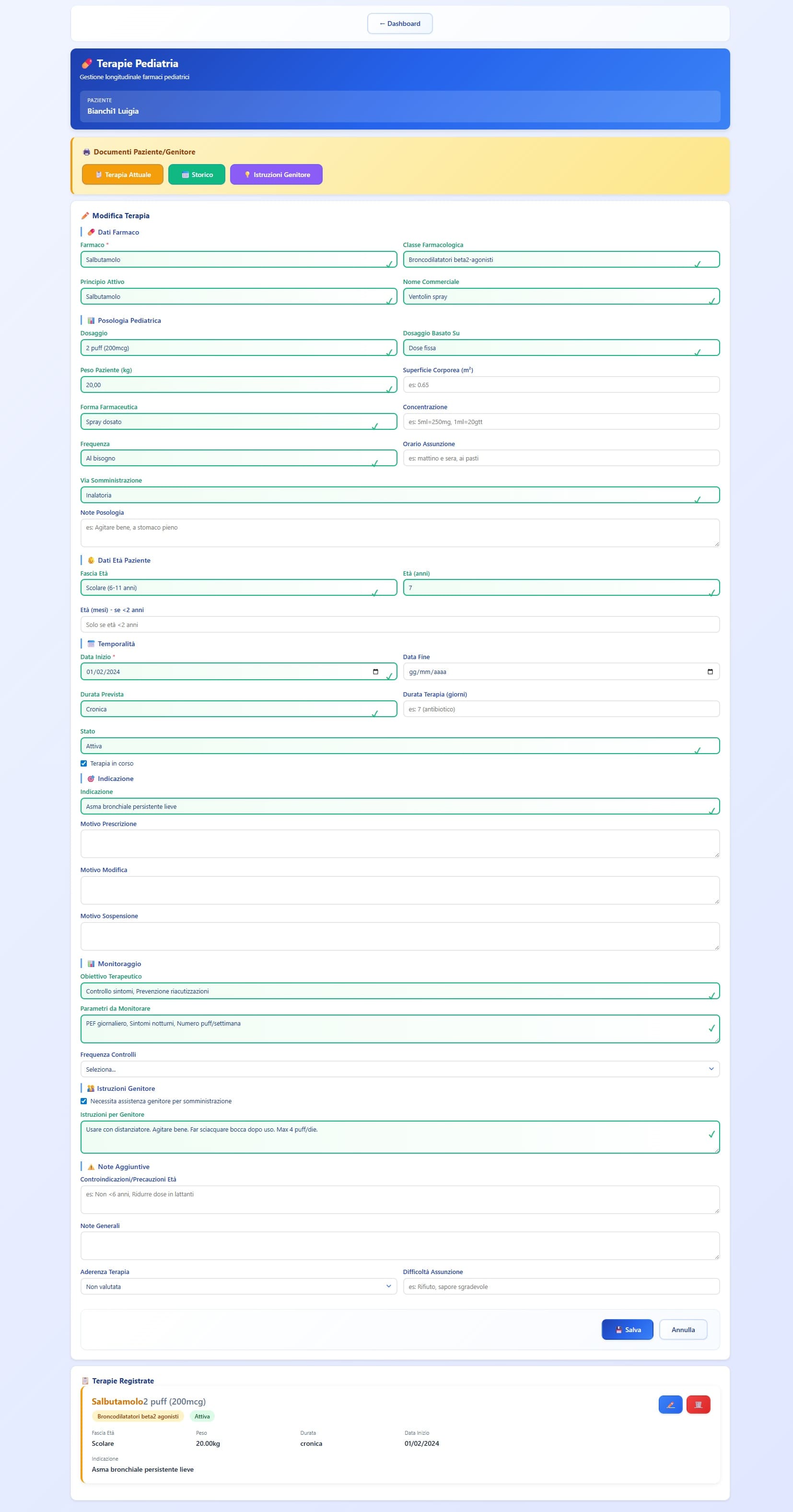 Gestione terapie pediatriche con prescrizione di farmaci, posologia personalizzata, monitoraggio clinico e istruzioni per i genitori