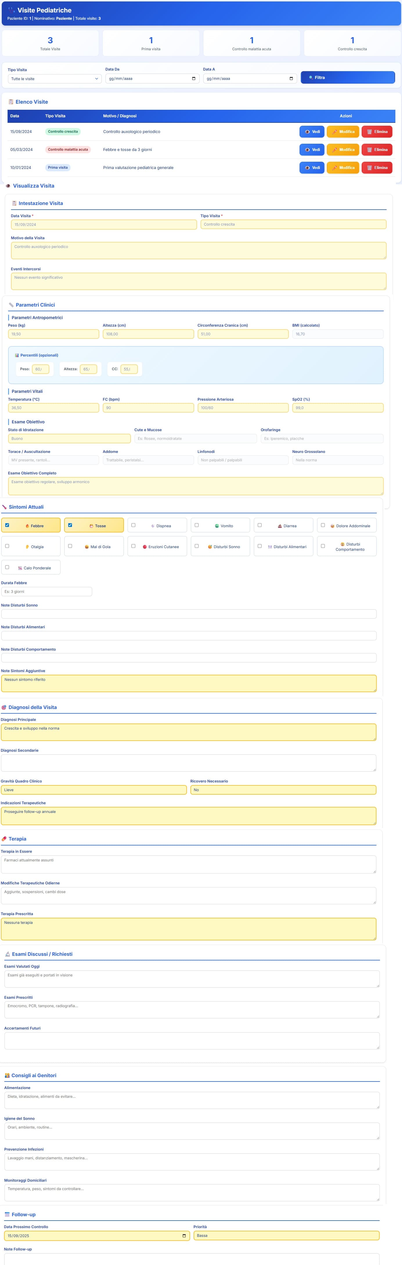 Gestione delle visite pediatriche con elenco cronologico, filtri per tipologia e data e scheda visita con parametri antropometrici, percentili di crescita, esame obiettivo, diagnosi e terapia