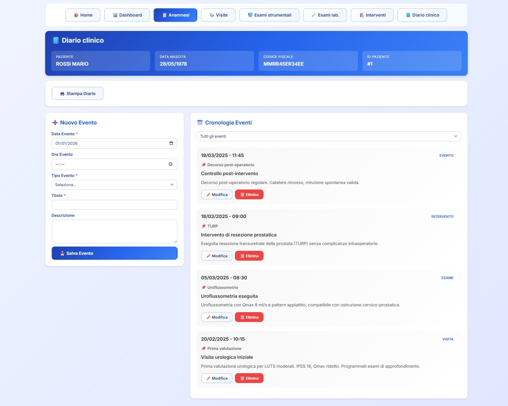 Diario clinico urologico con timeline cronologica di visite, esami, interventi ed eventi clinici del paziente