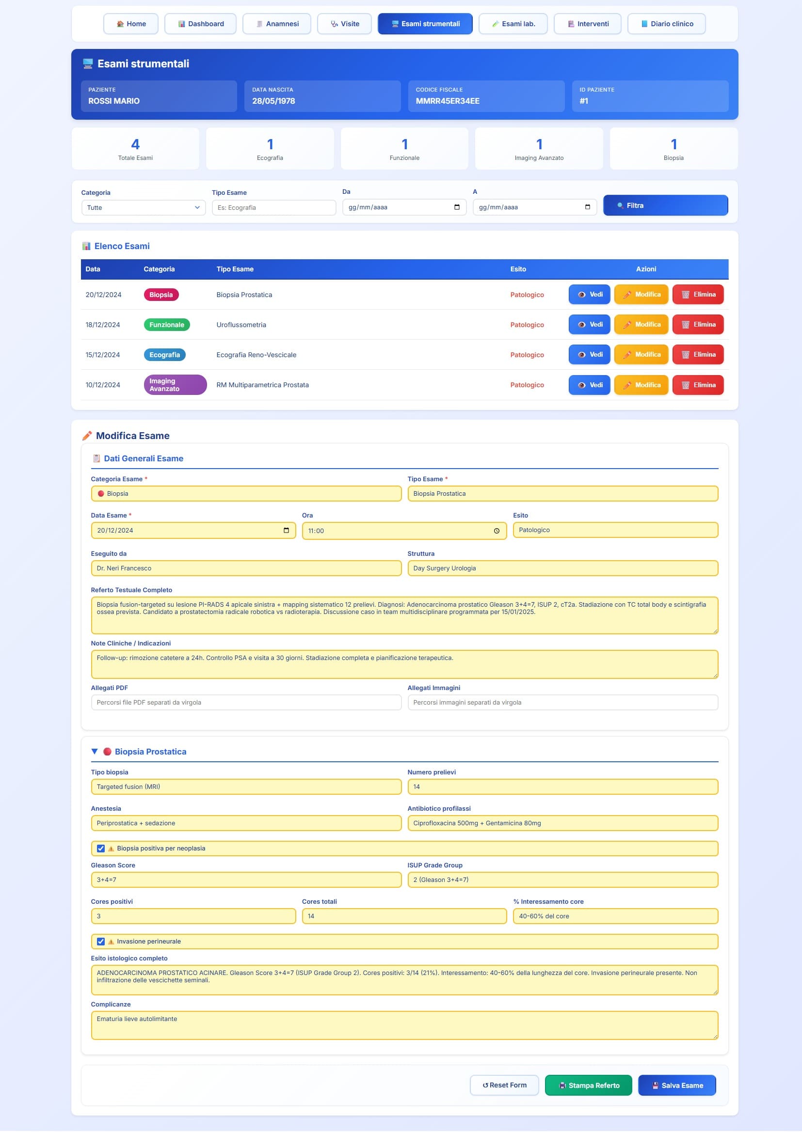 Gestione esami strumentali urologici con elenco cronologico, categorie diagnostiche, dettaglio clinico e integrazione con il percorso del paziente