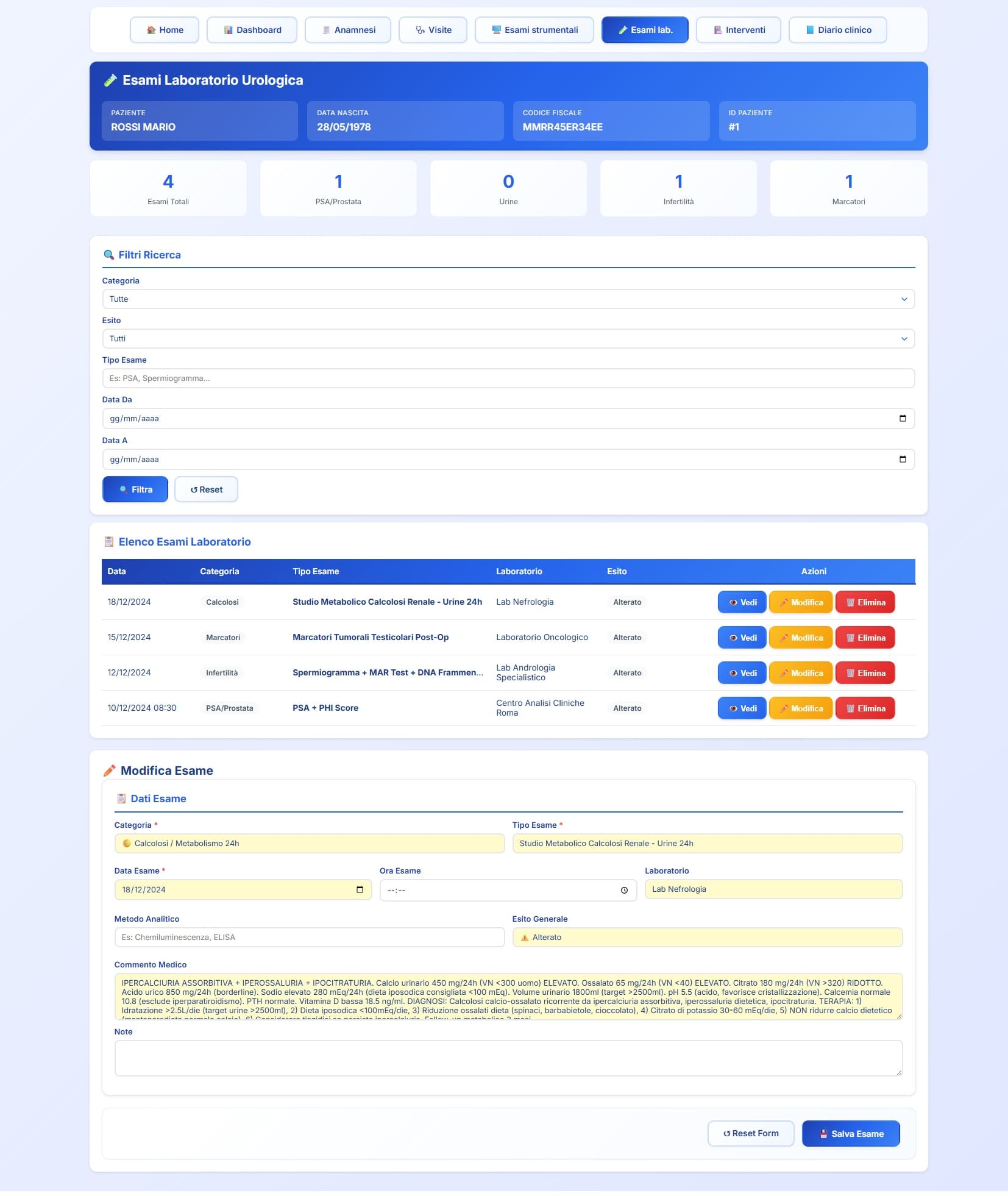 Gestione esami di laboratorio urologici con categorie PSA, urine, funzione renale, ormoni, marcatori tumorali e monitoraggio clinico strutturato