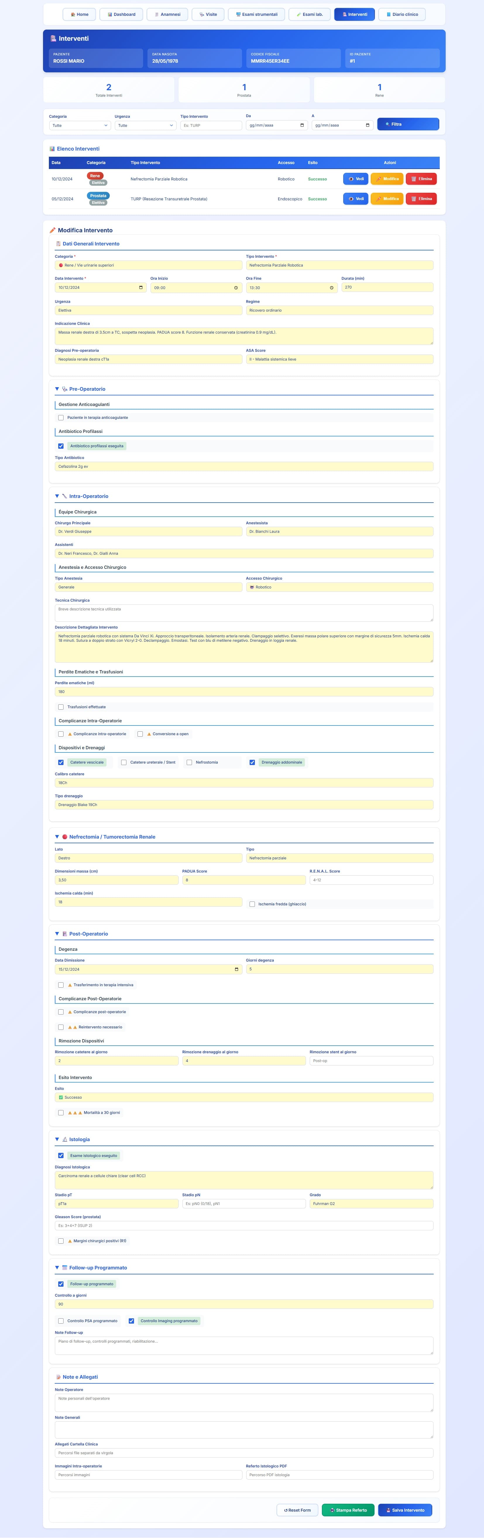 Gestione interventi chirurgici urologici con dettaglio clinico-chirurgico, parametri pre, intra e post-operatori e follow-up strutturato