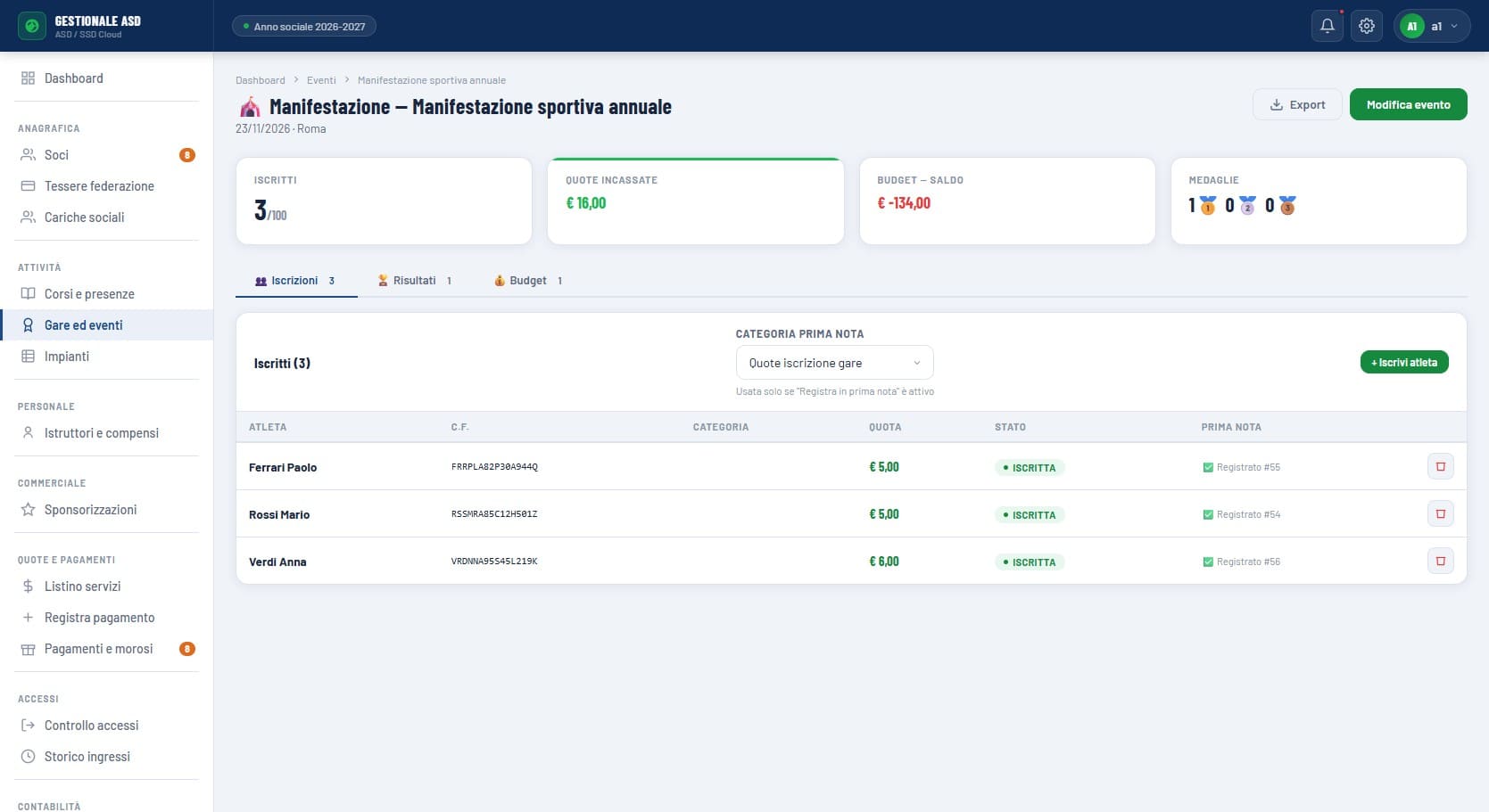 Dettaglio gara o evento sportivo con budget, spese, quote iscrizione, risultati, classifiche e medaglie