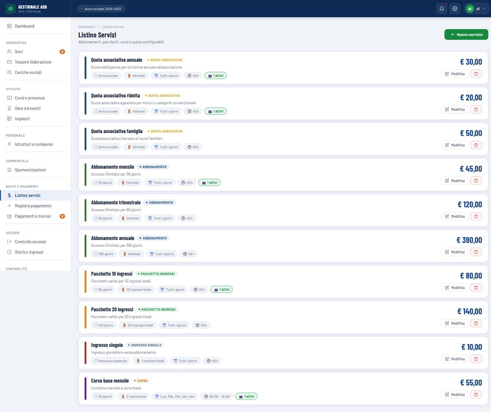 Elenco quote associative e abbonamenti in X-Assolution Cloud con listino servizi, prezzi, durate, ingressi e tipologie di pagamento