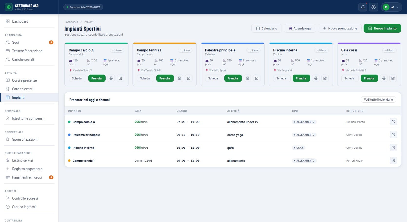 Gestione impianti sportivi in X-Assolution Cloud con capienza, disponibilità, stato in uso e prenotazioni giornaliere