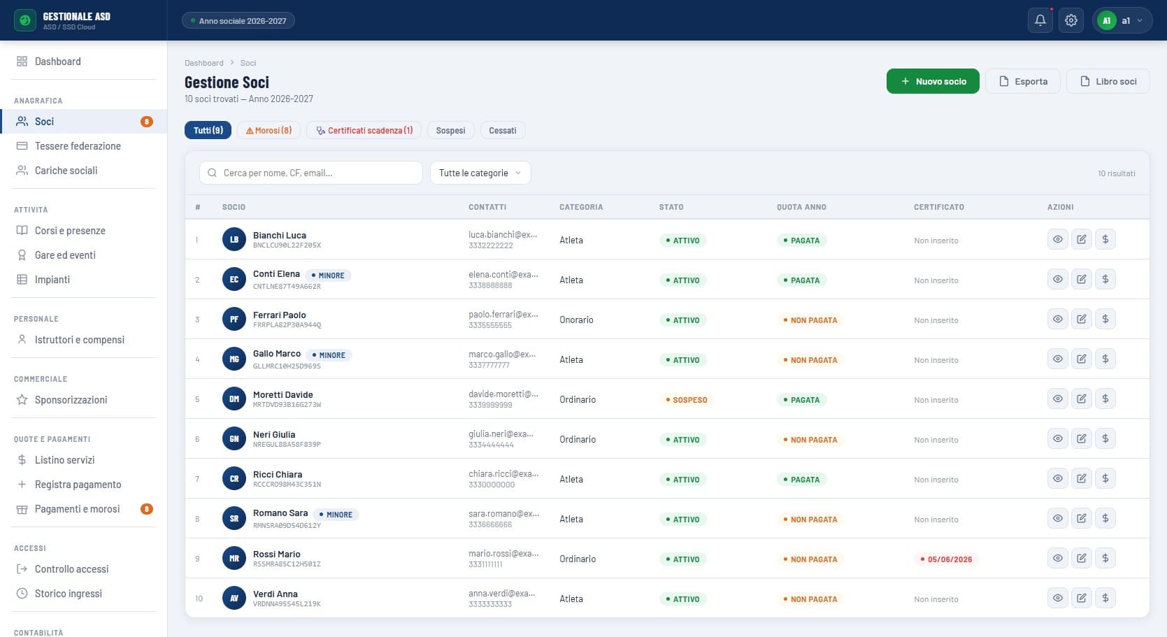 Lista soci del gestionale ASD X-Assolution Cloud con filtri per stato, categoria, ricerca e badge moroso