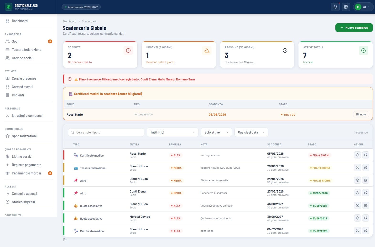 Scadenzario per ASD con alert su certificati medici, quote soci, tessere federazione, contratti e mandati