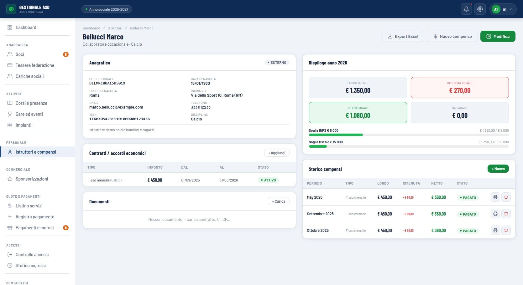 Scheda compensi istruttori in X-Assolution Cloud con calcolo lordo, ritenuta, netto da pagare, ricevute e soglie 5.000 e 15.000 euro