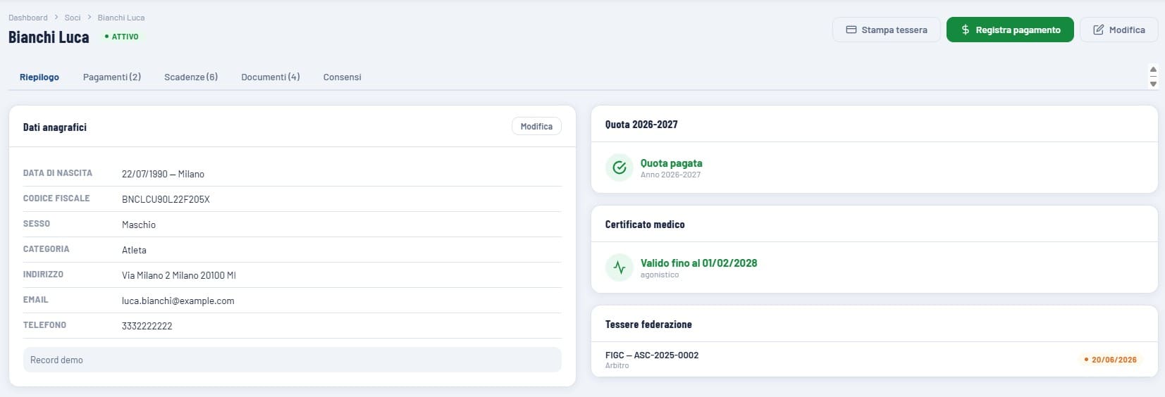 Scheda socio X-Assolution Cloud con riepilogo dati, abbonamento, certificato medico, accessi, documenti e consensi