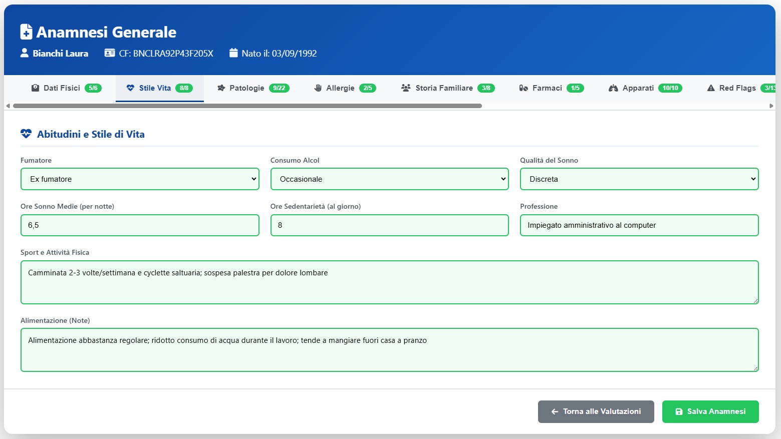 Schermata anamnesi di X-Fisiolab Cloud con parametri generali, stile di vita e dati clinici del paziente