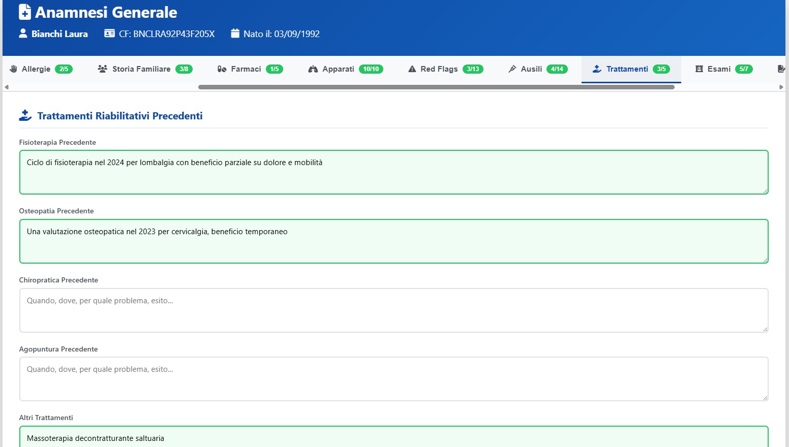 Sezione anamnesi di X-Fisiolab Cloud con trattamenti precedenti, esami diagnostici e storico clinico del paziente
