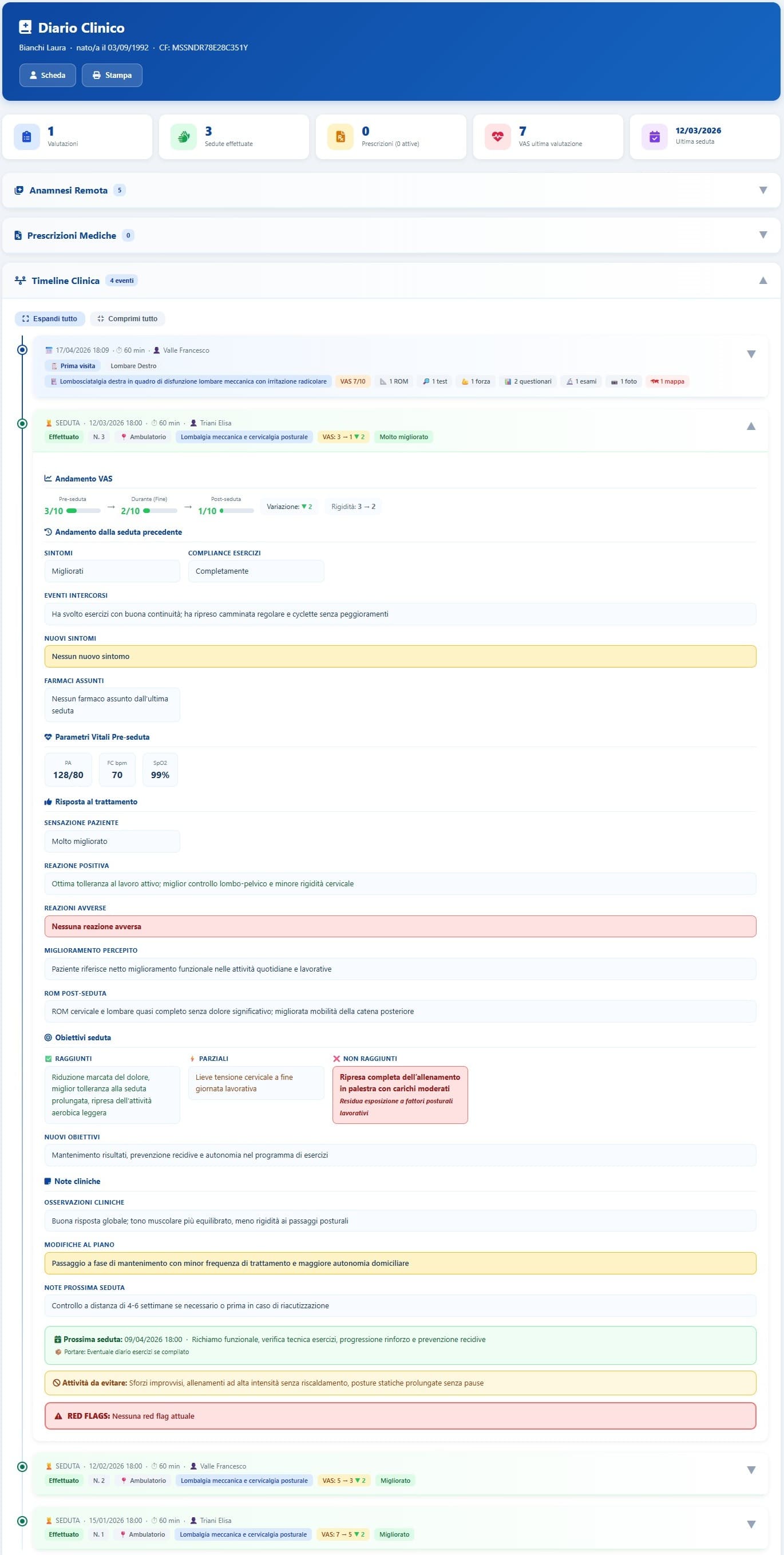 Diario clinico del paziente in X-Fisiolab Cloud con timeline cronologica di valutazioni e sedute fisioterapiche
