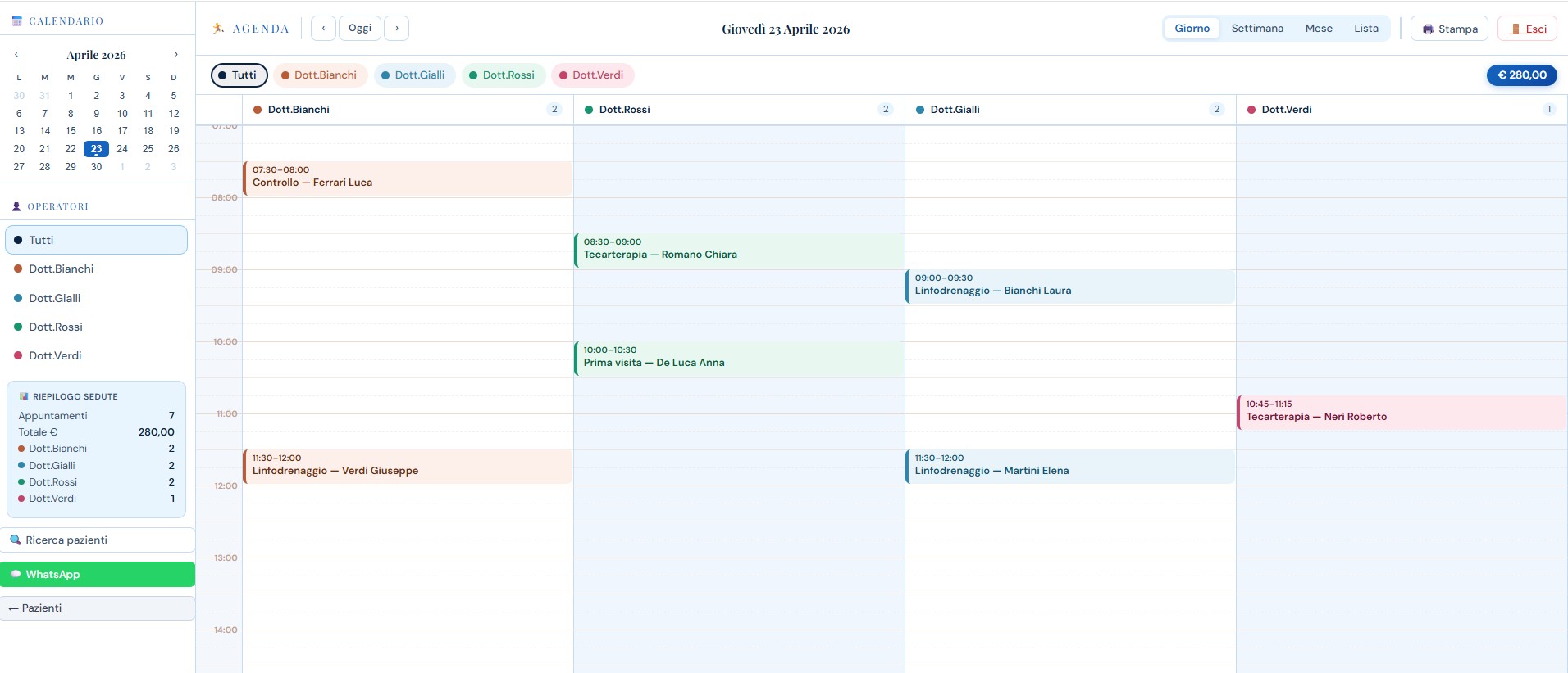 Agenda appuntamenti fisioterapia in X-Fisiolab Cloud con calendario multi-operatore