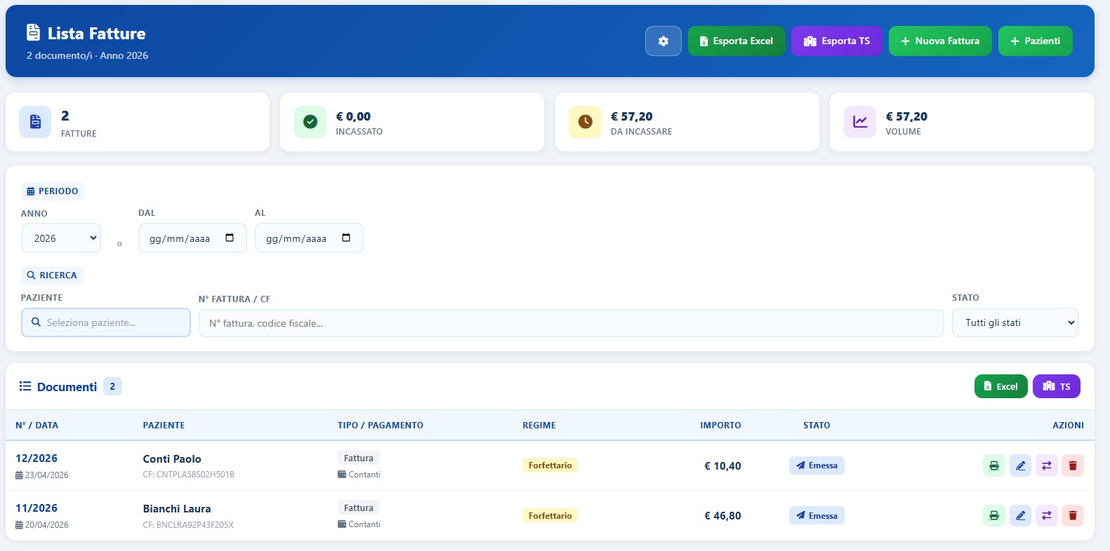 Lista fatture di X-Fisiolab Cloud con stato pagamenti, incassi e controllo amministrativo