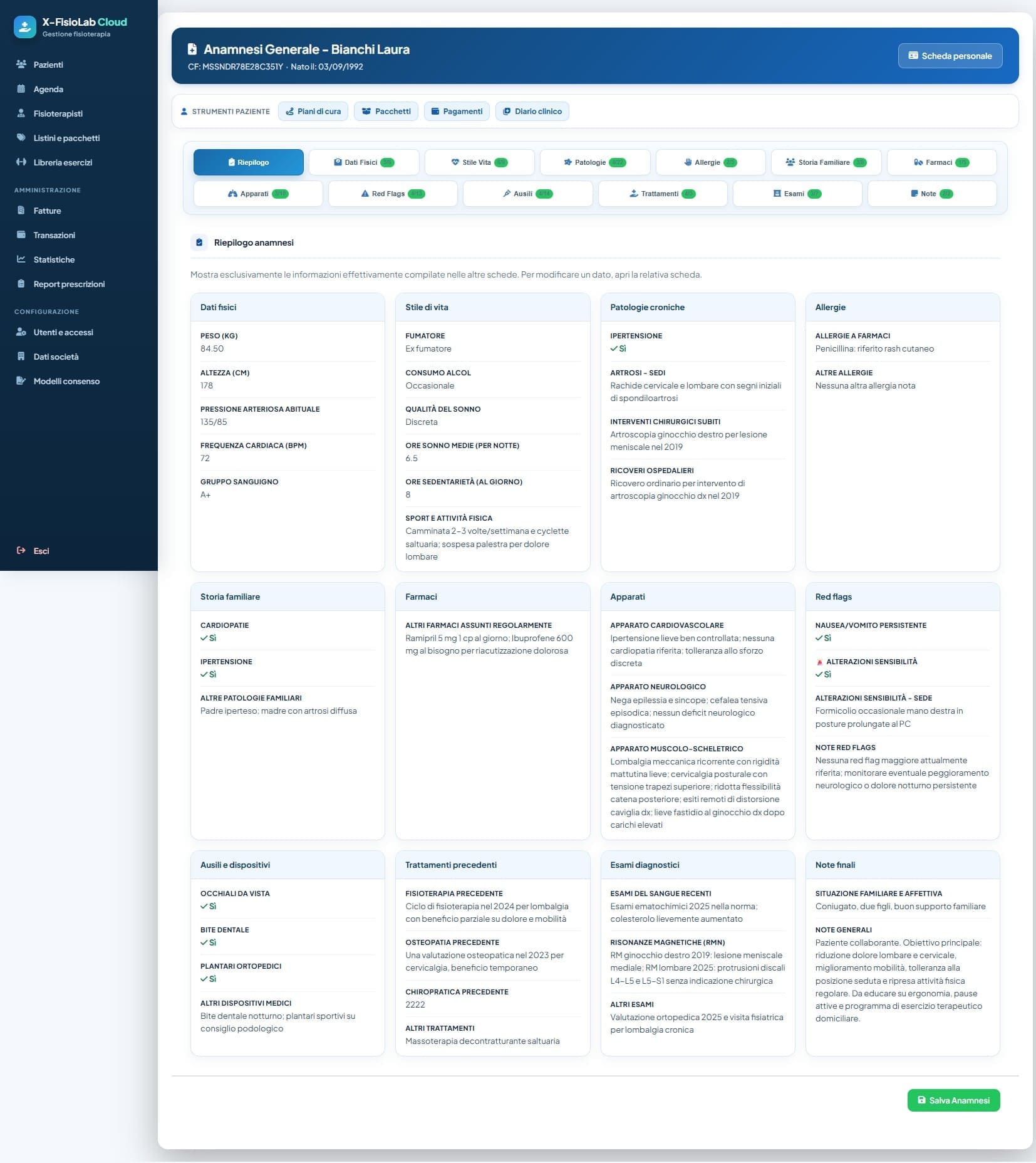 Riepilogo anamnesi del paziente nel gestionale per fisioterapia X-Fisiolab Cloud