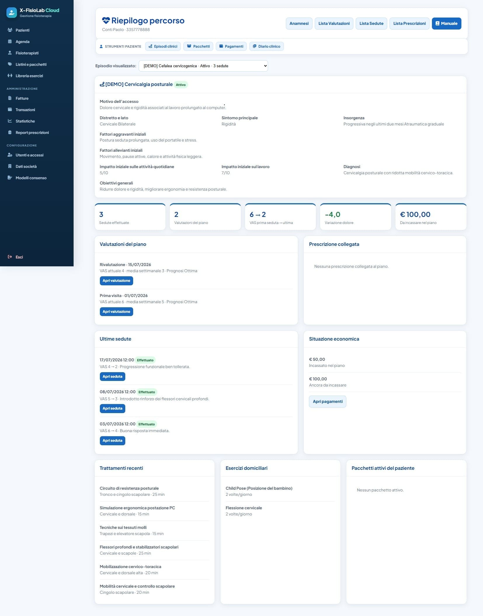 Scheda personale di X-Fisiolab Cloud con riepilogo dell’Episodio clinico, distretto anatomico, valutazioni, sedute, andamento VAS e situazione economica
