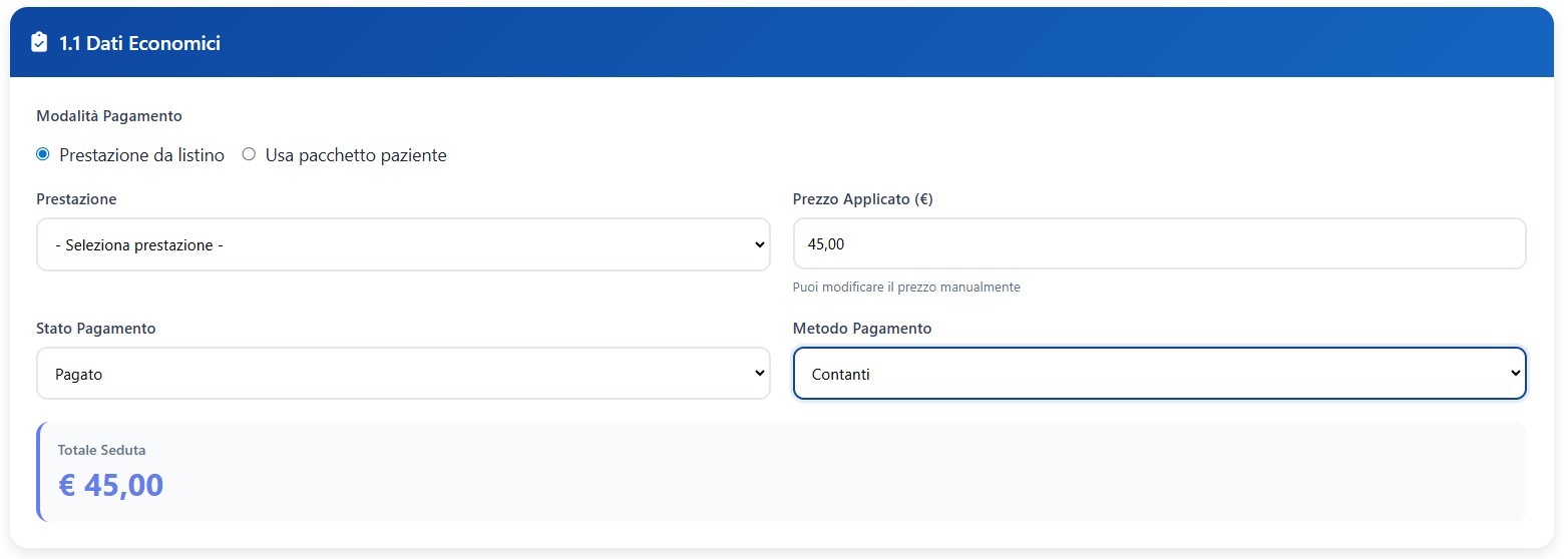 Sezione dati economici della seduta in X-Fisiolab Cloud con prestazione singola o pacchetto
