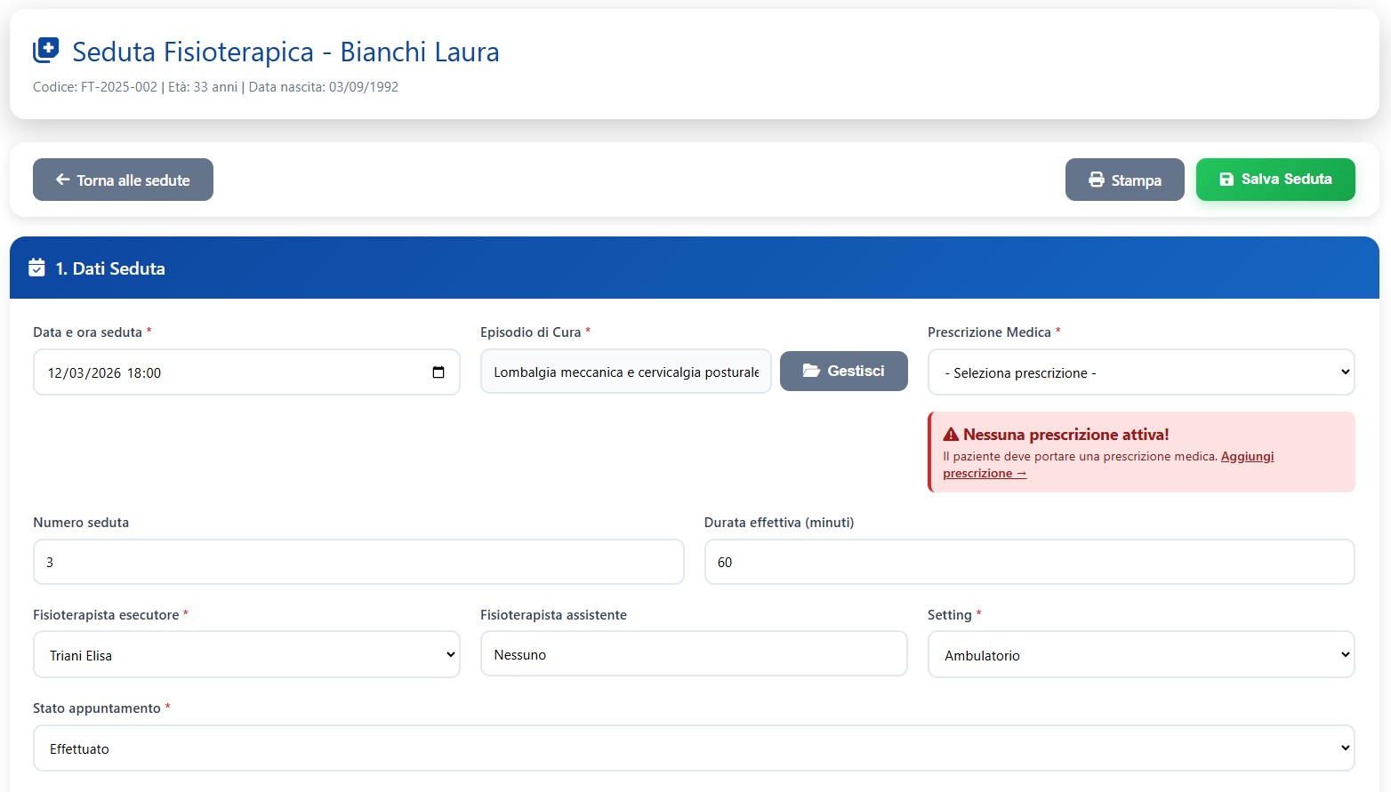 Schermata dati della seduta fisioterapica in X-Fisiolab Cloud con operatore, durata e informazioni principali del trattamento