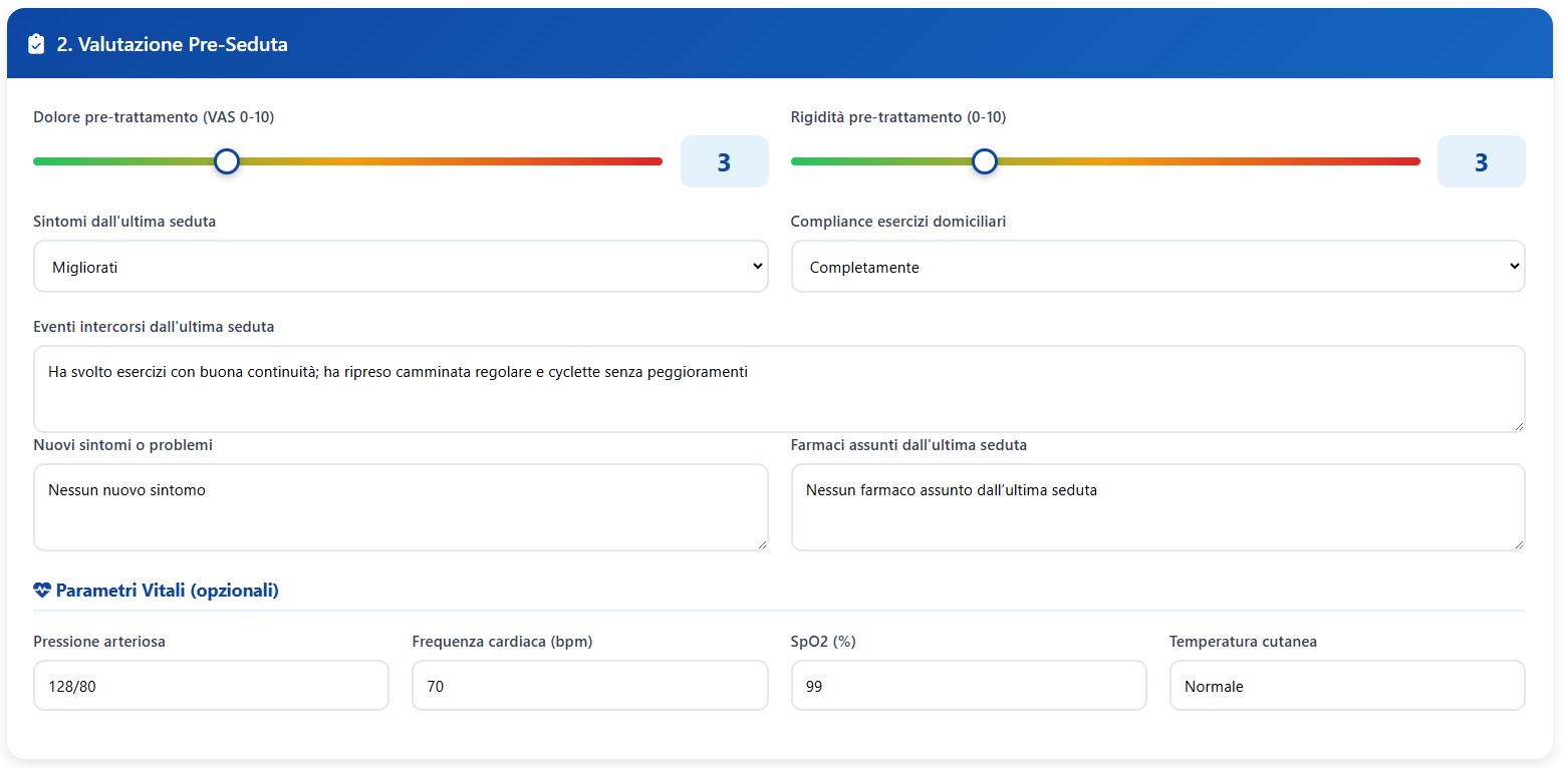 Valutazione clinica della seduta in X-Fisiolab Cloud con dolore VAS, rigidità e andamento dei sintomi
