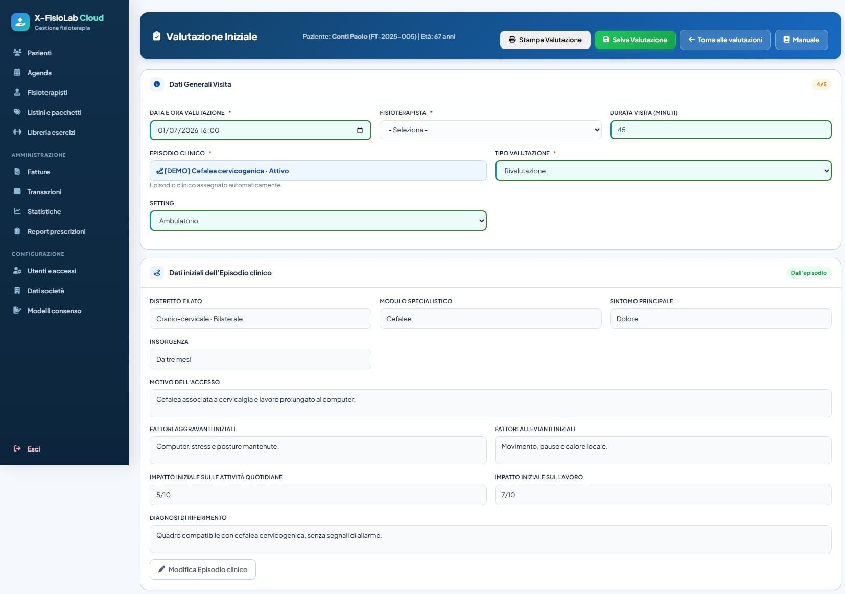 Valutazione fisioterapica distrettuale di X-Fisiolab Cloud collegata automaticamente all’Episodio clinico