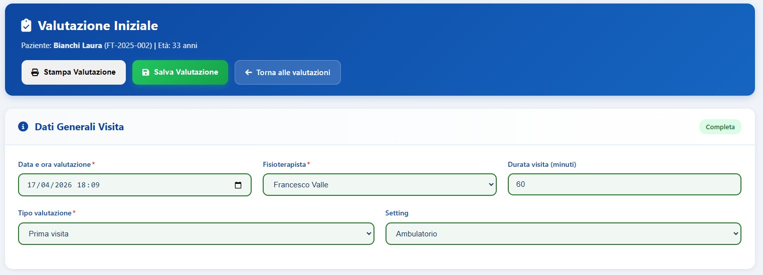 Sezione dati generali e sintomatologia in X-Fisiolab Cloud con scheda iniziale della valutazione fisioterapica