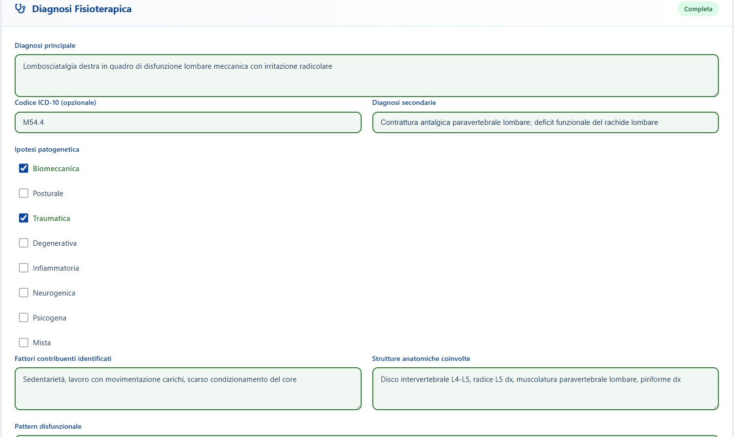 Sezione diagnosi fisioterapica in X-Fisiolab Cloud con sintesi clinica della valutazione