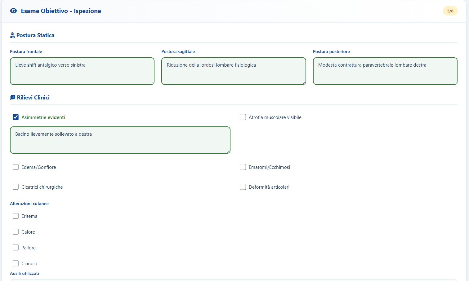 Sezione esame obiettivo in X-Fisiolab Cloud con osservazione clinica, postura, ROM articolare e forza MMT