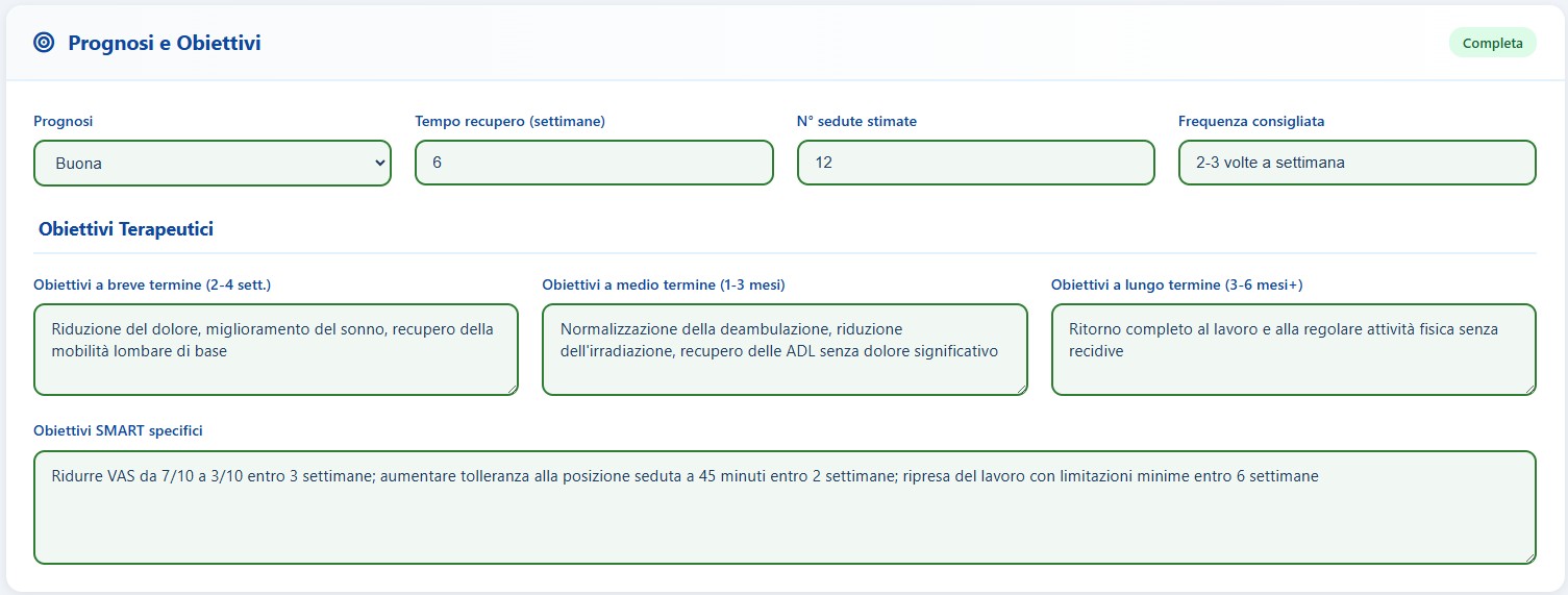 Sezione prognosi e obiettivi terapeutici in X-Fisiolab Cloud con piano terapeutico strutturato
