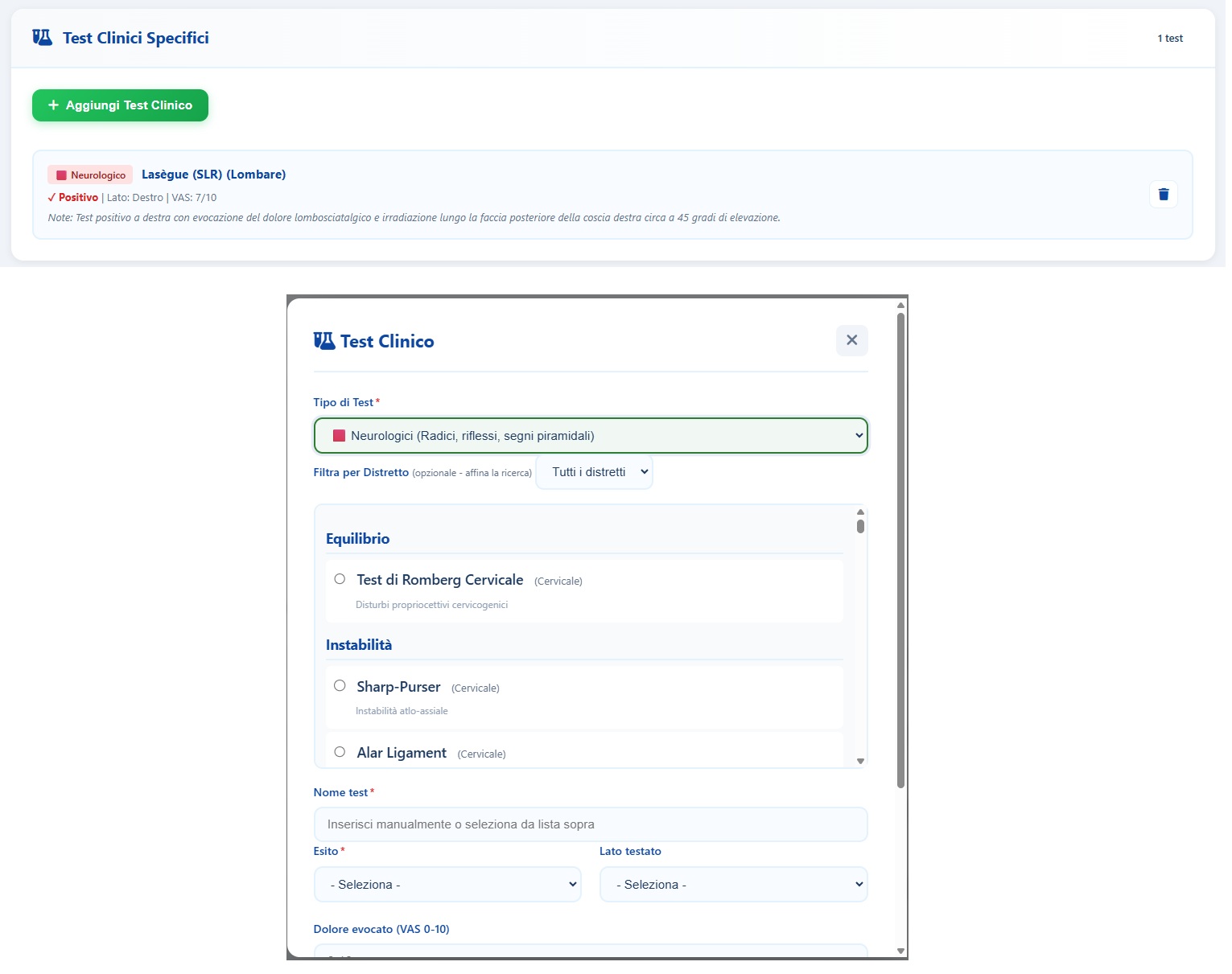 Libreria di test clinici specialistici in X-Fisiolab Cloud con test ortopedici, neurologici e posturali