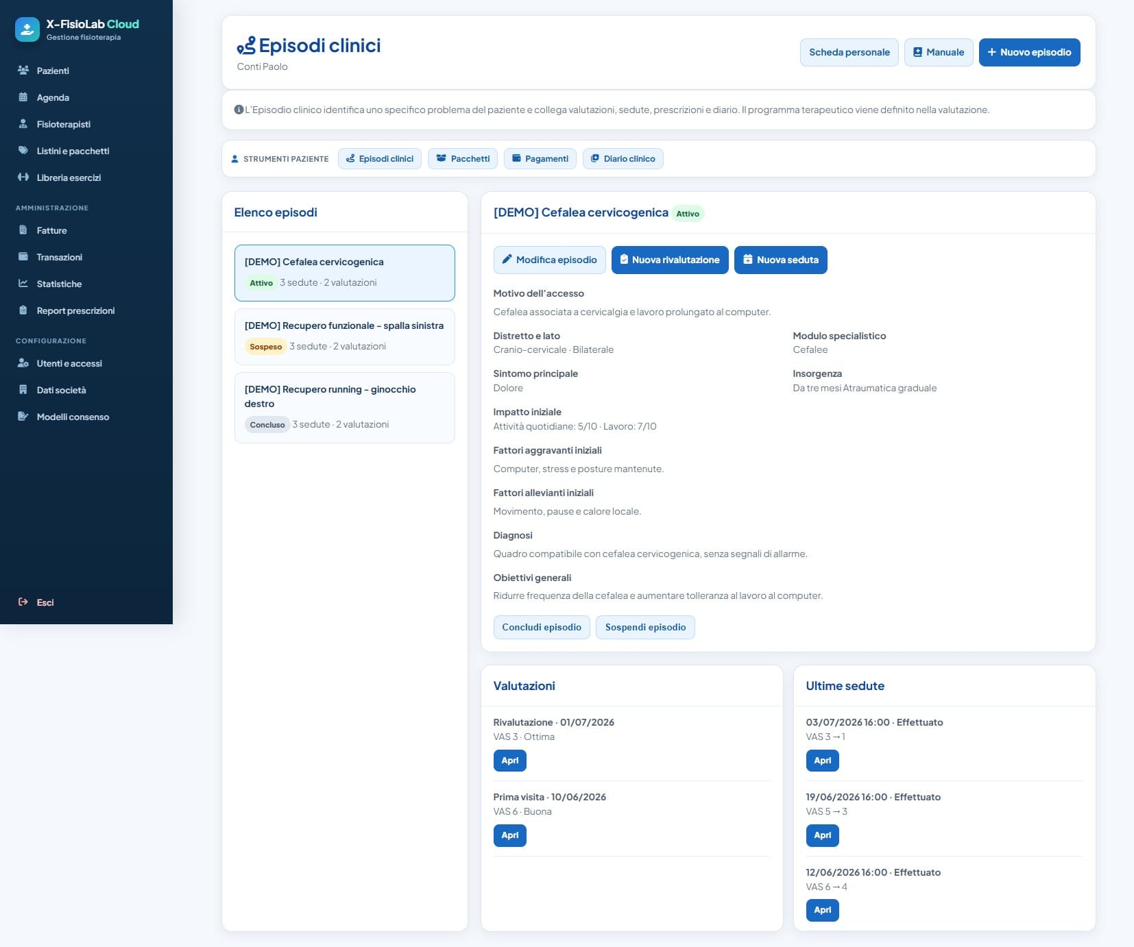 Episodi clinici di X-Fisiolab Cloud con distretto anatomico, modulo specialistico, valutazioni e sedute collegate