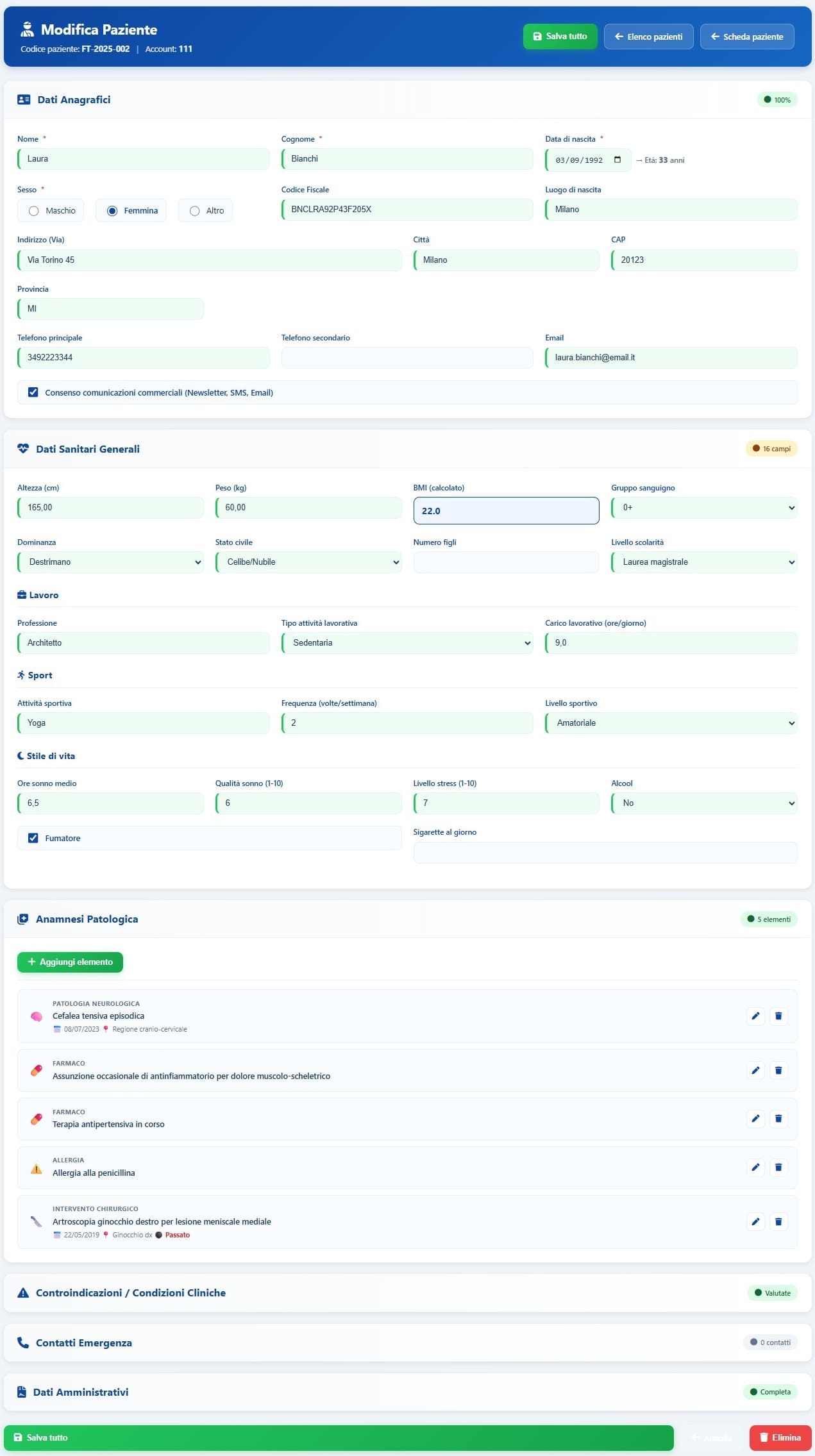 Anagrafica pazienti del software per nutrizionisti online X-Nutrition Cloud con statistiche, filtri avanzati e accesso rapido ai moduli