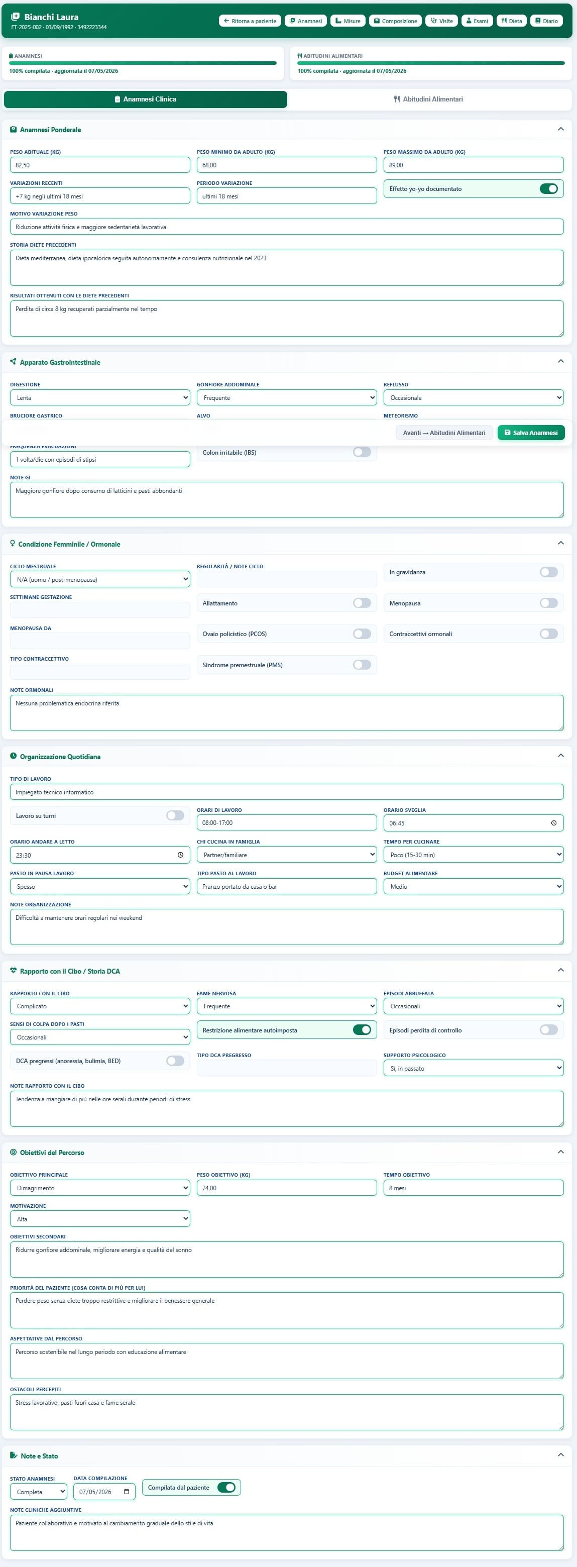 Anamnesi clinica nutrizionale in X-Nutrition Cloud con storia del peso, funzionalità gastrointestinale, aspetti ormonali e obiettivi del paziente