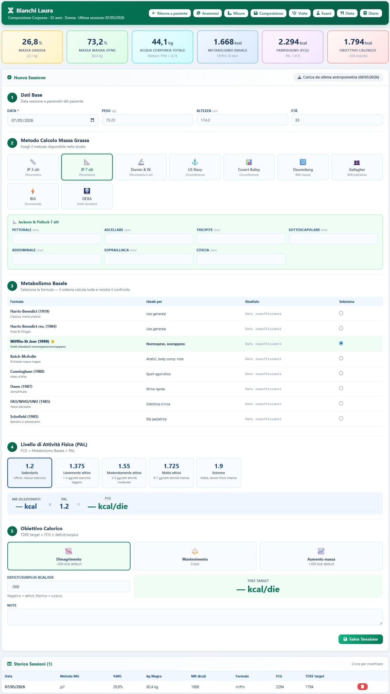 Modulo composizione corporea di X-Nutrition Cloud con massa grassa, massa magra, metabolismo basale, PAL, FCG e TDEE target