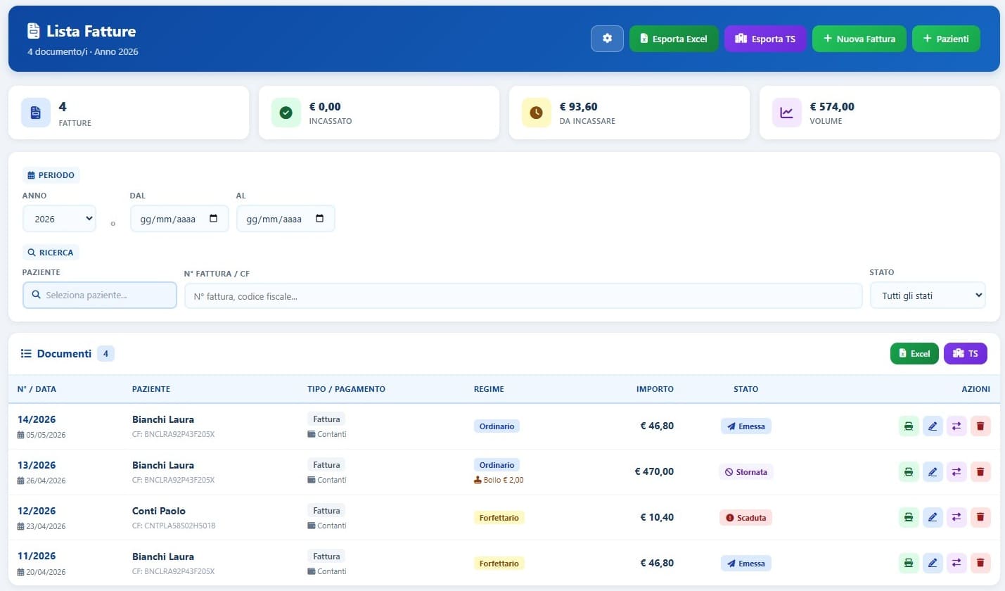 Modulo prestazioni pagamenti, fatturazione e invio Sistema TS di X-Nutrition Cloud con listino, pacchetti e saldo paziente